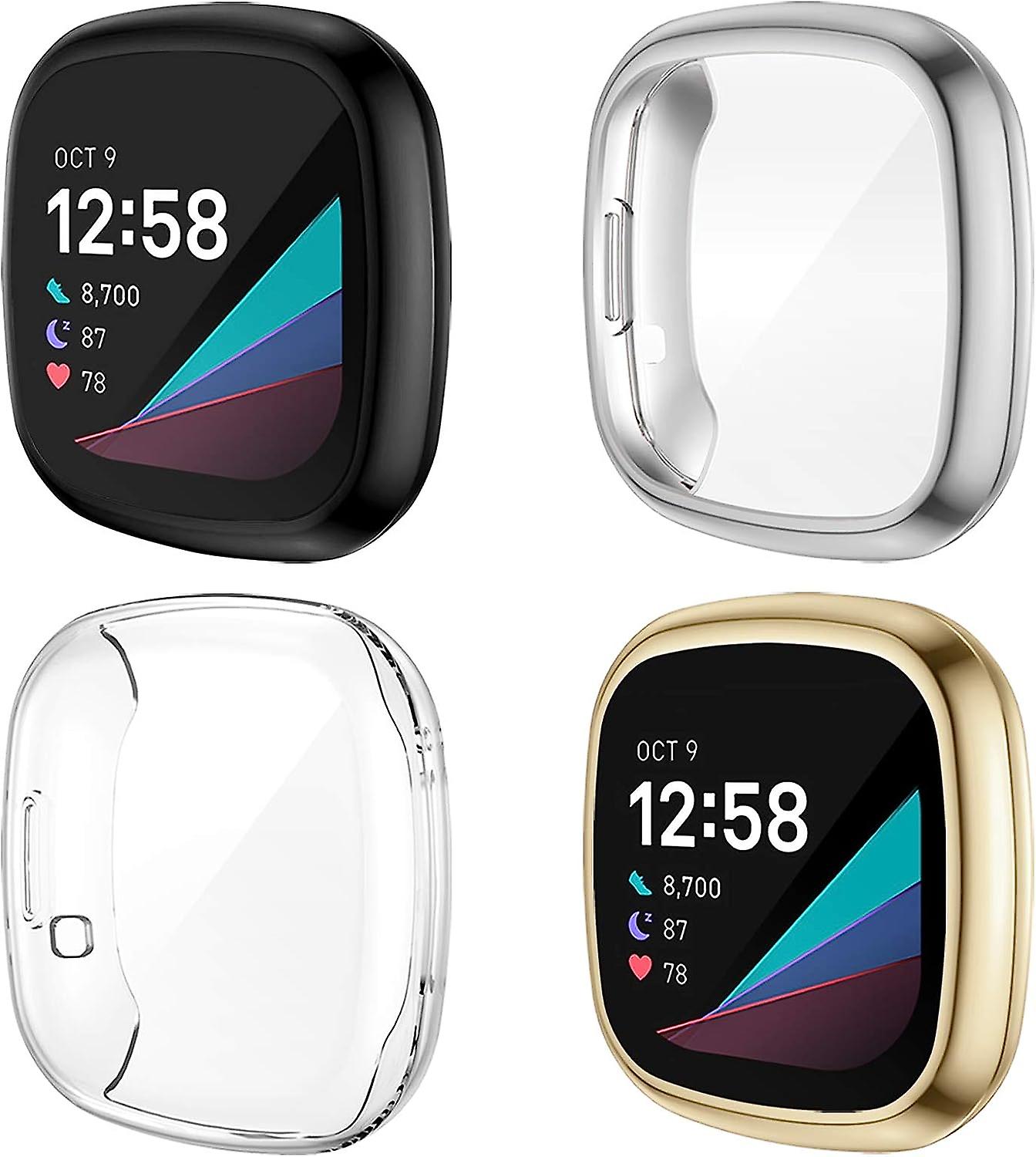 4-Pack Screen Protector Case Compatible with Fitbit Sense / Versa 3, Soft TPU Plated Bumper Full Cover Protective Cases