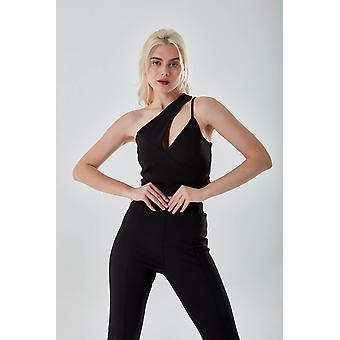 One Sleeve Crop Black Blouse