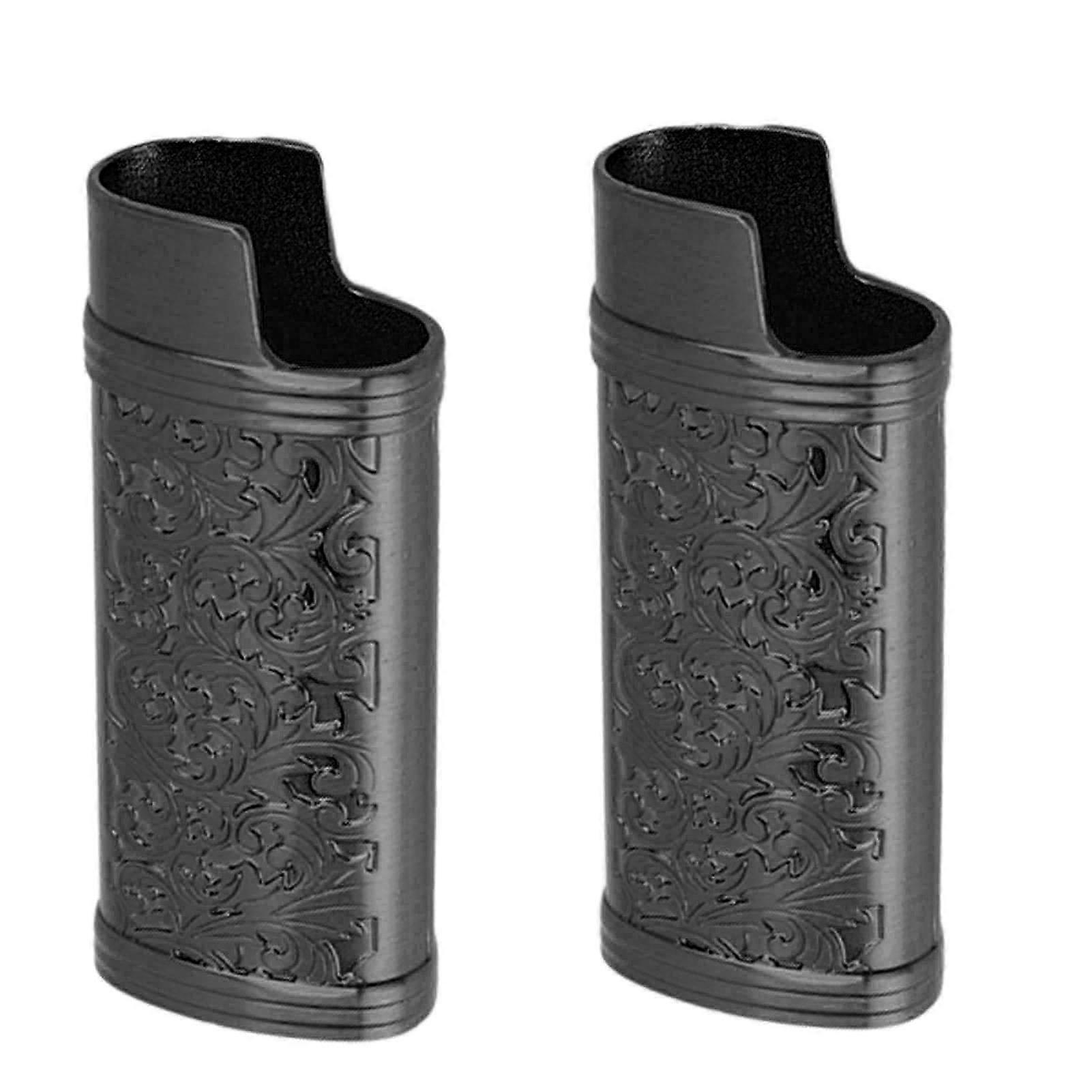 2Pcs Zinc Alloy Lighter Cover with Retro Pattern, Reusable Portable Lighter Sleeve Case for Travel and Outdoor Use in Black