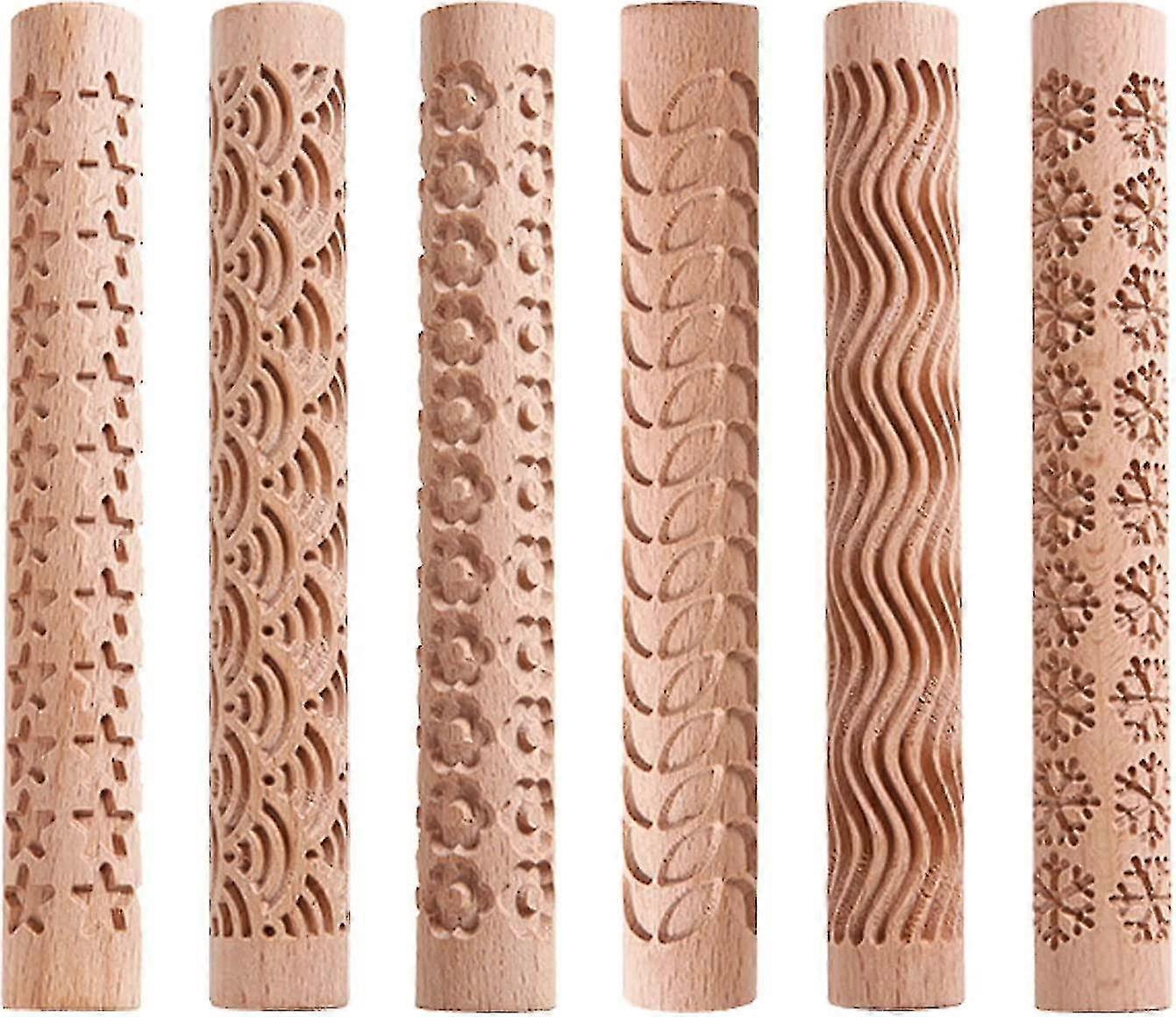 6 قطع الطين النمذجة نمط بكرات كبيرة الملمس بكرات للطين مقبض خشبي أدوات الفخار رقاقات الثلج نجوم الخشب موجة نمط الطين المتداول الفخار