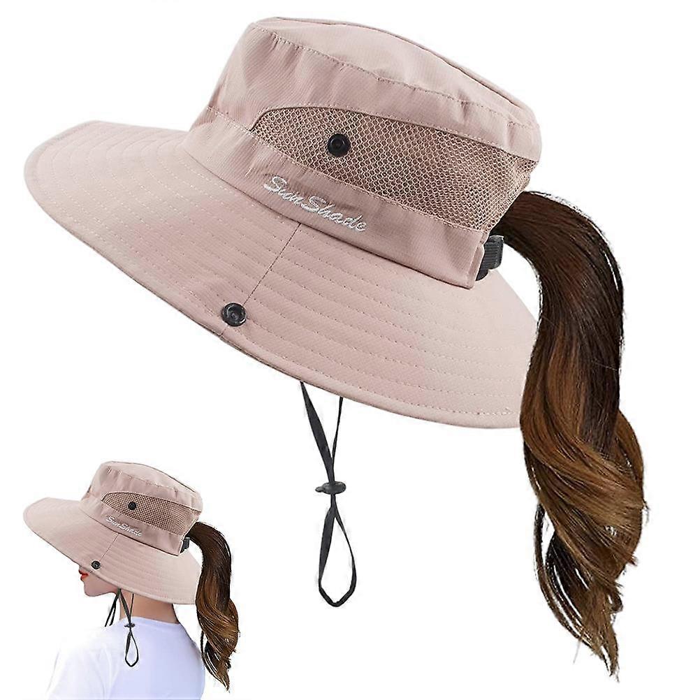 Wide Brim Bucket Hat Women Ponytail Sun Hat Summer Uv Protection