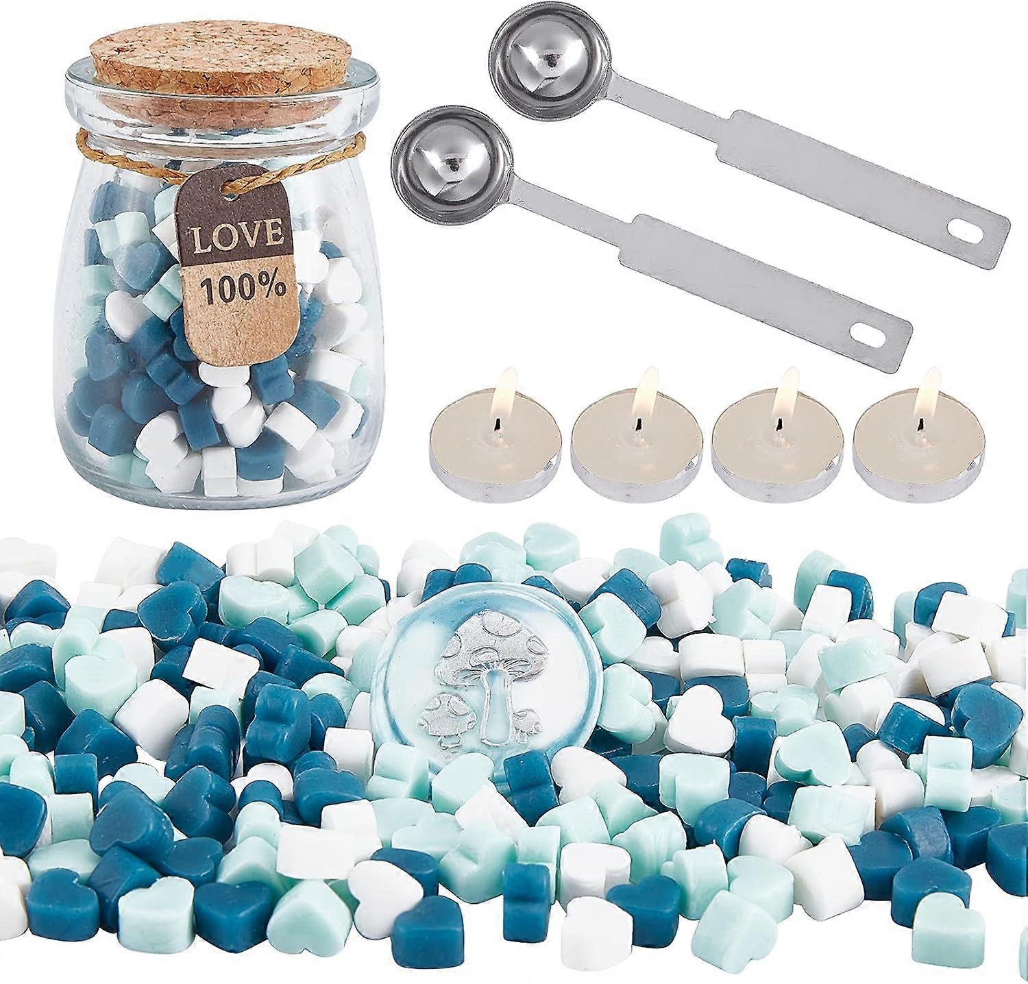 Sealing Wax Beads Kit Wax Seal Beads Heart Shape Packed in Glass Jar with 4PCS Candles and 2PCS Wax Melting Spoons for Wedding Invitations Envelopes V