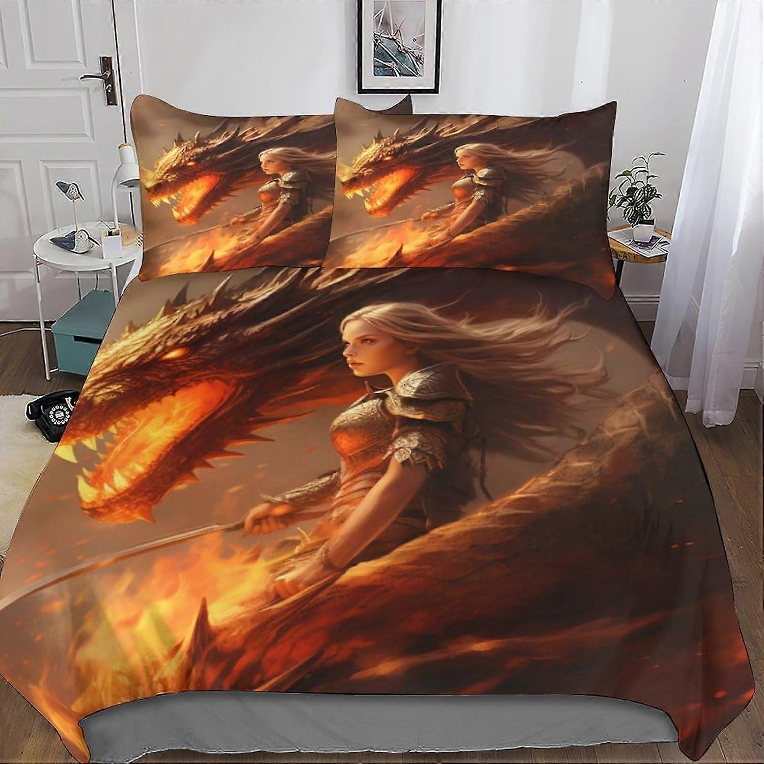 Zestaw poszewek na kołdrę Dragon Girl, z poszewkami na poduszki Zestaw pościeli z mikrofibry Fire z zapięciem na zamek błyskawiczny 3 sztuki dla nastolatków i dorosłych