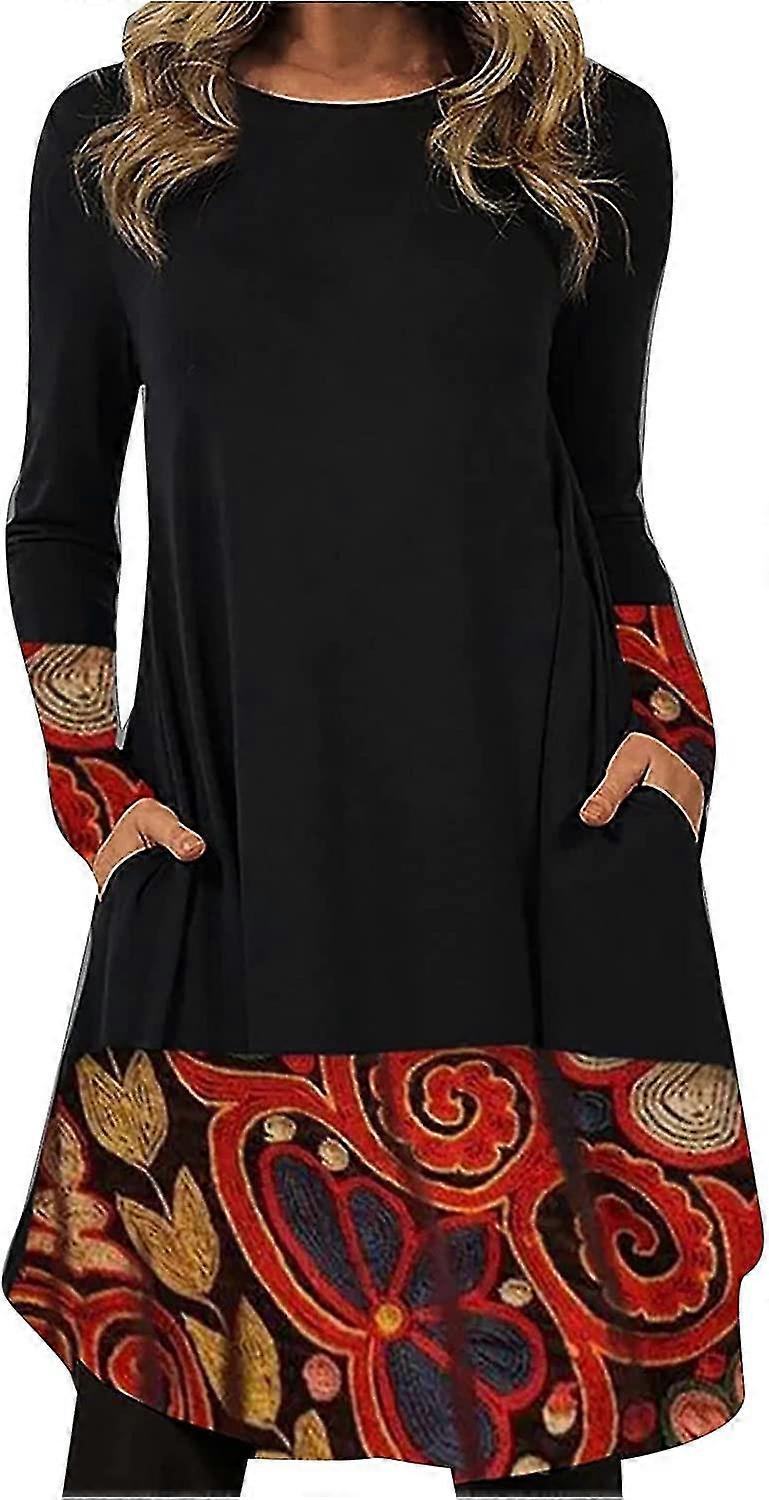 Robe à manches longues pour femmes Maxi Robes Lâche Taille Haute Décontractée Boho Imprimée Maxi Robe Beach S-2xl