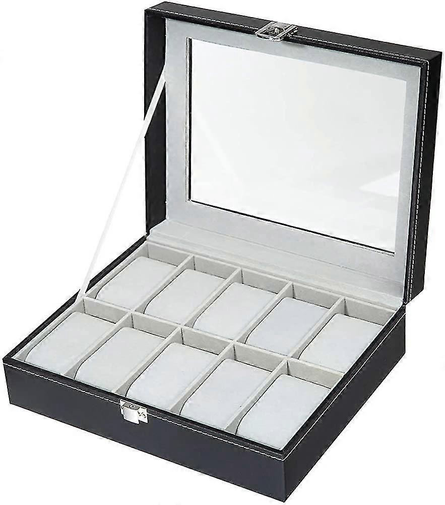10 Slots Watch Box With Glass Lid And Metal Clasp Watch Jewellery Display Storage Box Case