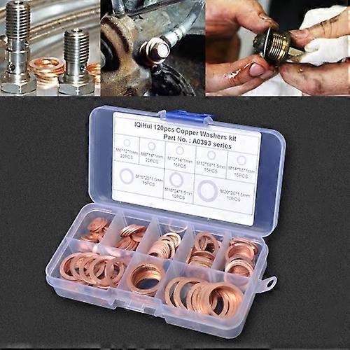 120 PCS O Shape Solid Copper Crush Washers Assorted Oil Seal Flat Ring Kit for Car / Boat / Generators