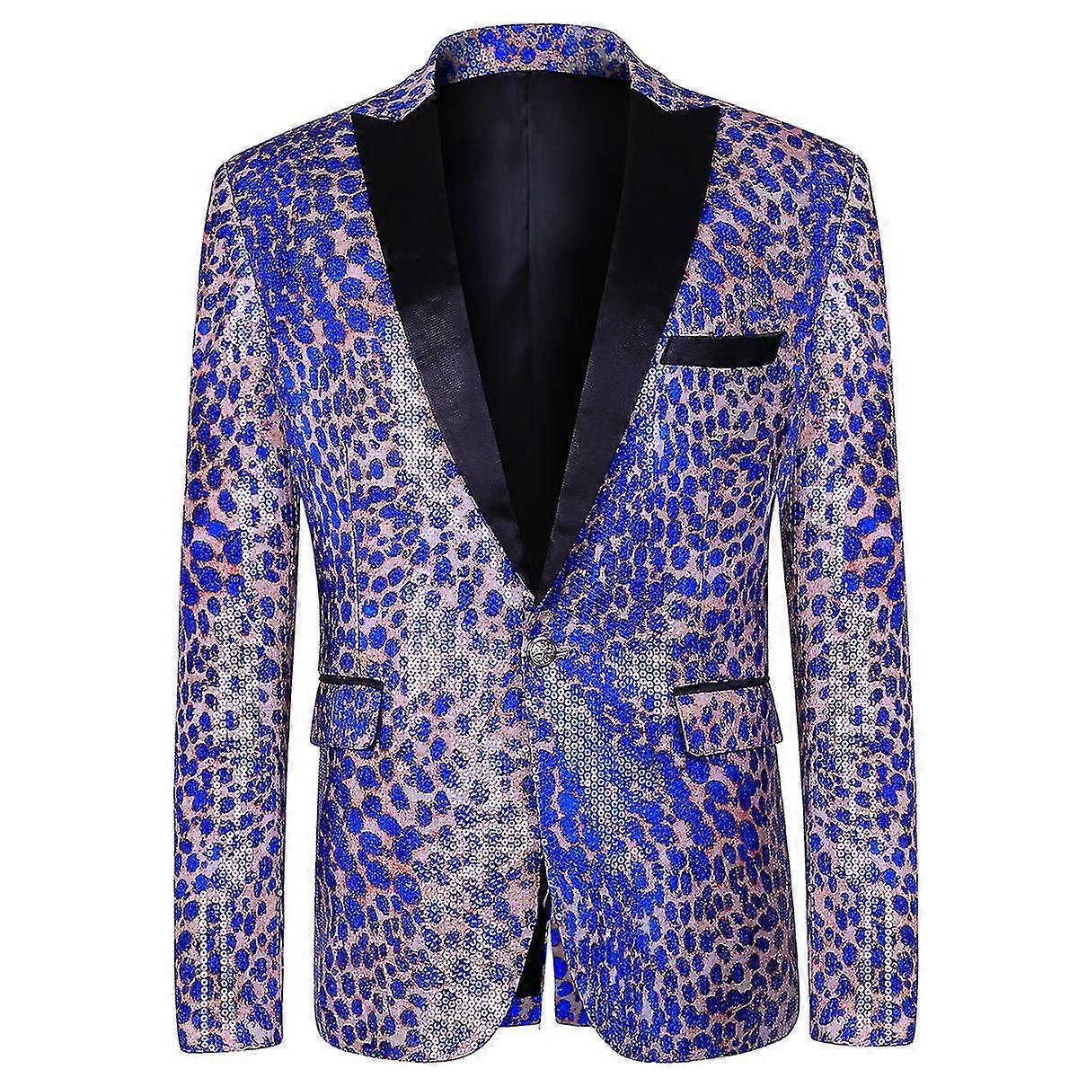 VAWAN Mens Party Peaked Lapel Sequined Leopard Print Jacket