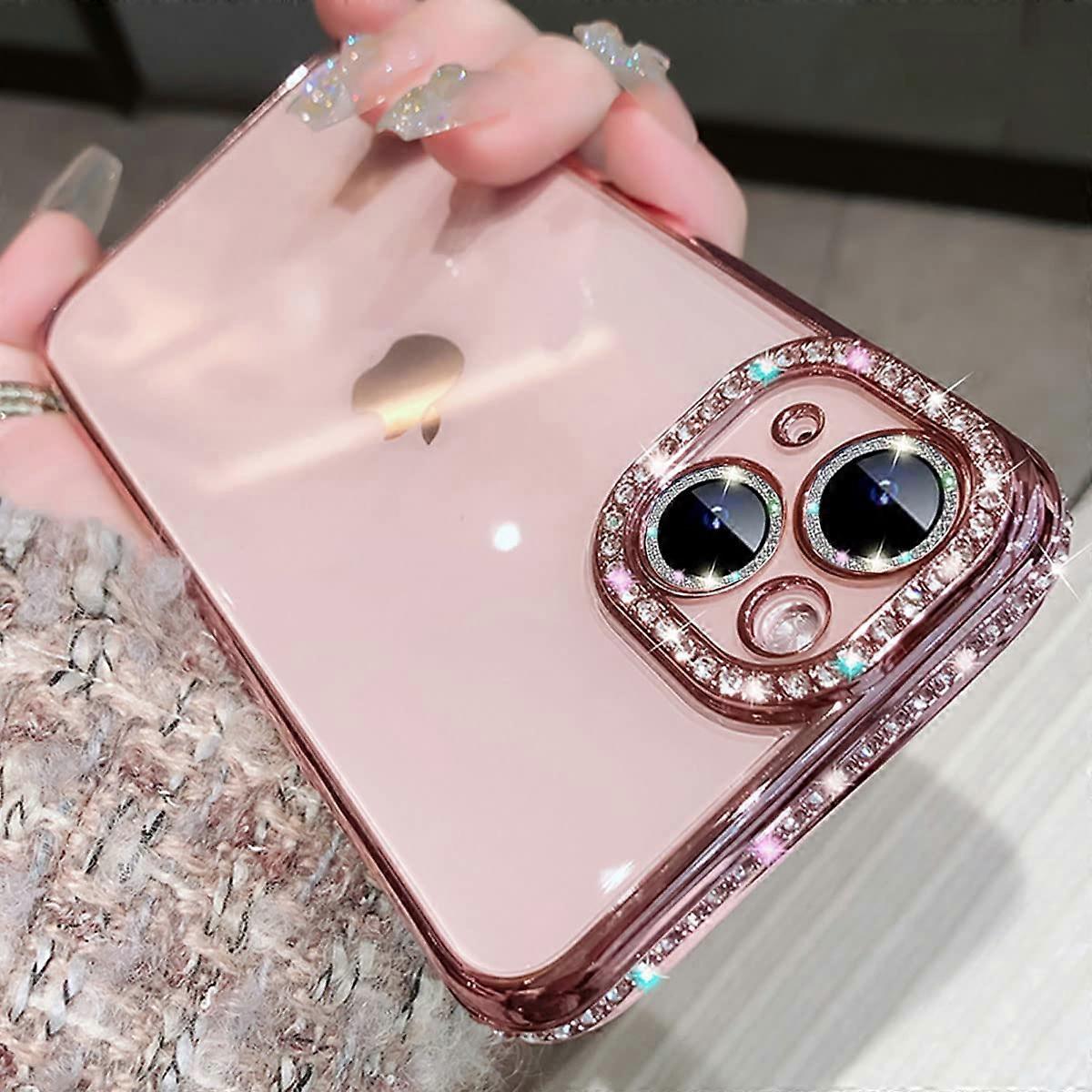 iPhone 14 Pro Max 6.7 '' Glitter Plating Case, Mignon Luxe Bling Strass Diamant Doux Pare-chocs Transparent Transparent TPU Mince Mince Étui Léger pour Apple 