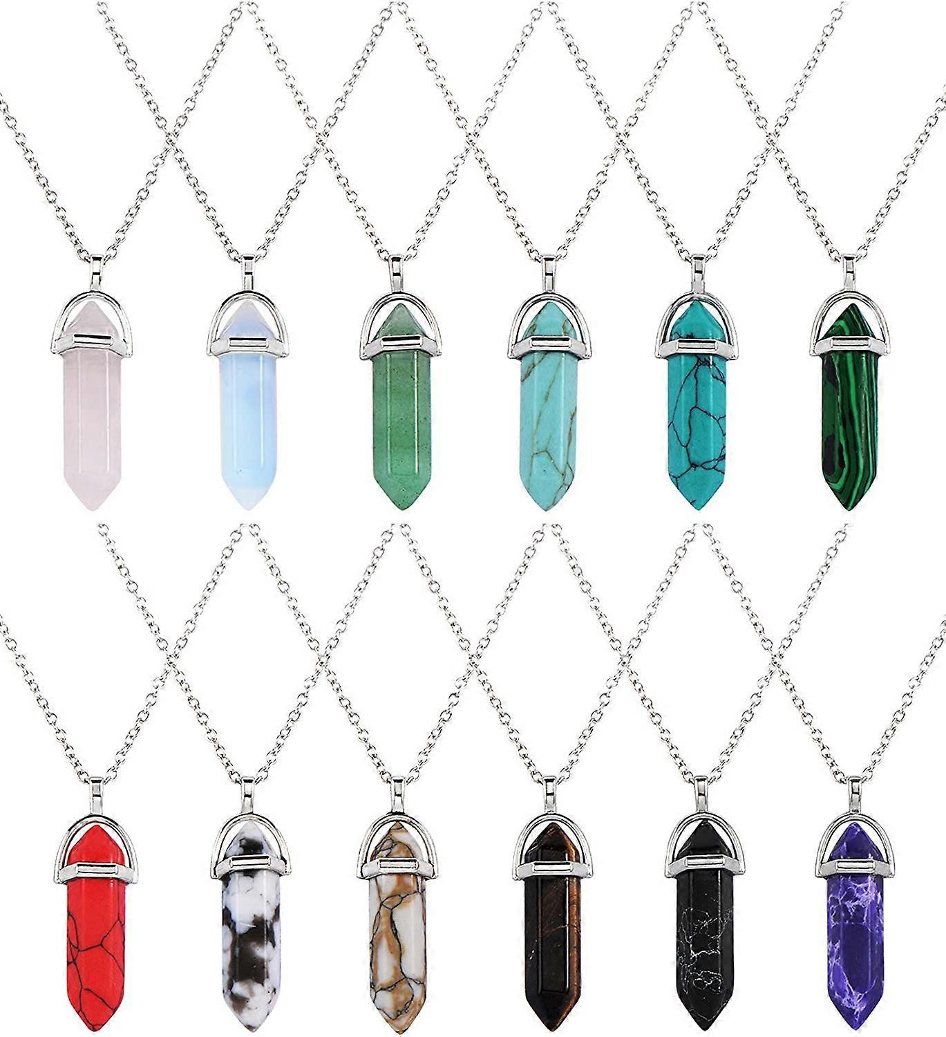 12 Pieces Hexagonal Crystal Pendants Chain Necklaces Pointed Quartz Stone Bullet Gemstone Necklaces with Storage Bag, 12 Colors