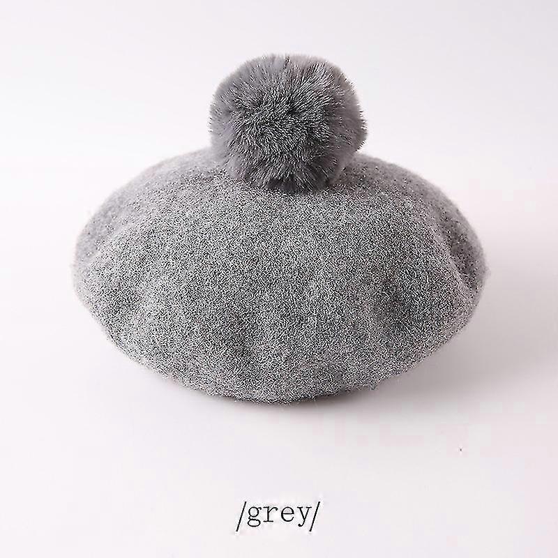Children Pompoms Beret Hat Solid Color Octagonal Cap Girls Winter Wool Painter Hats For 1-3 Years Kids