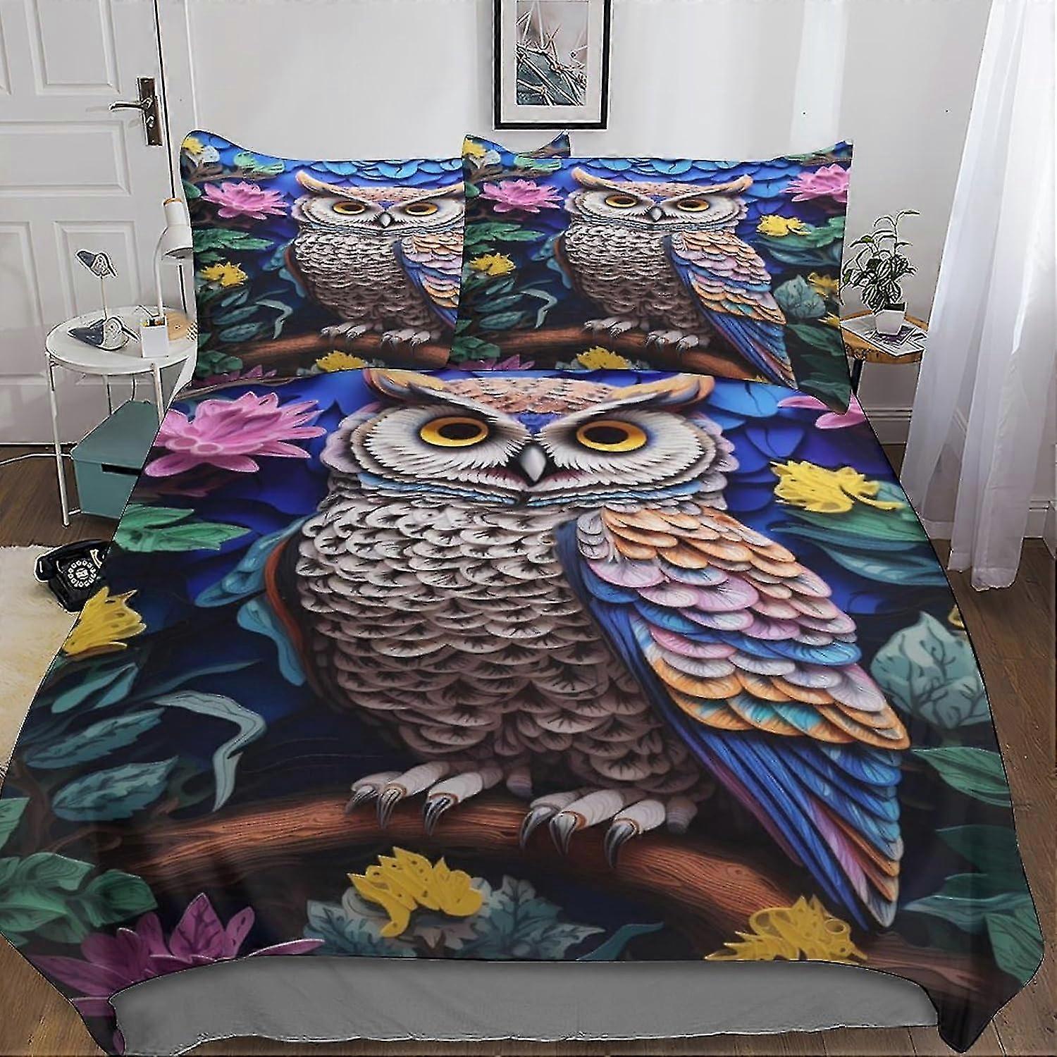 o5683 Lençóis Capa de Edredão de Coruja Bonito com Fronhas Conjunto de Cama Impresso em 3D com Fecho de Zíper Design Exclusivo Anti-alérgico Flores Coloridas Colcha 