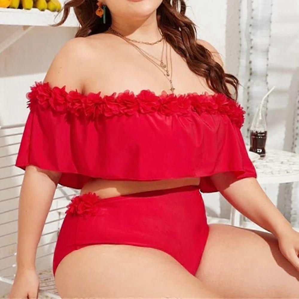 Two-piece Off-shoulder Swimsuit Plus Size High Waist Bathing Suit For Women