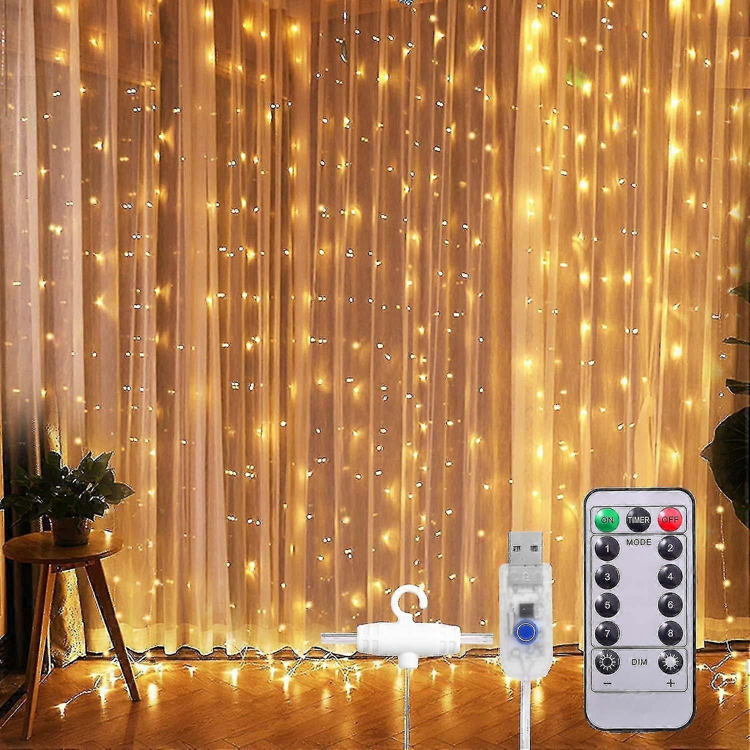Window Curtain String Light 300 Led 8 Lighting Modes Lights Remote Control Usb Powered Waterproof (warm White)3*3m