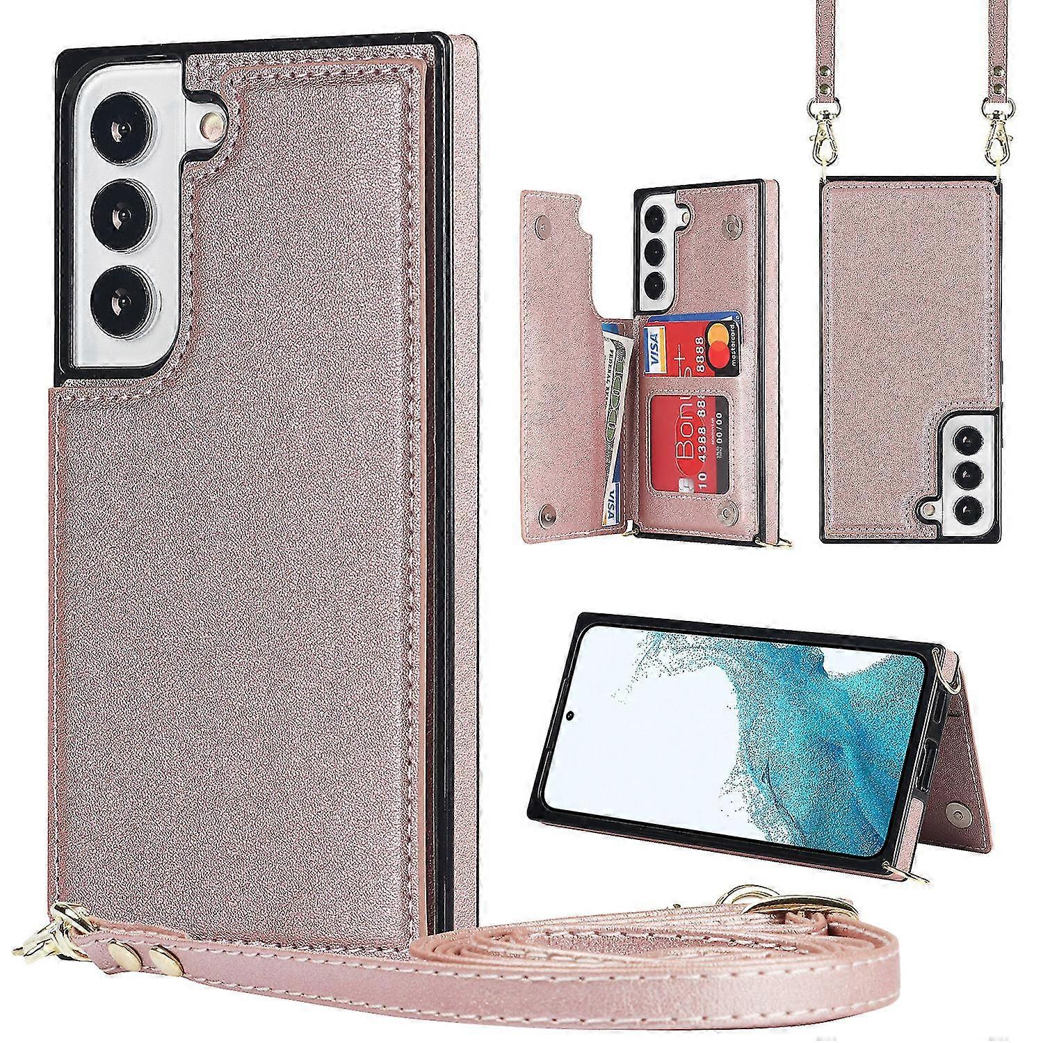 Case Folio For Samsung S23 With Shoulder Strap, Card Slots, Double Buttons, Wallet Function, Stand Function, Fall Protection