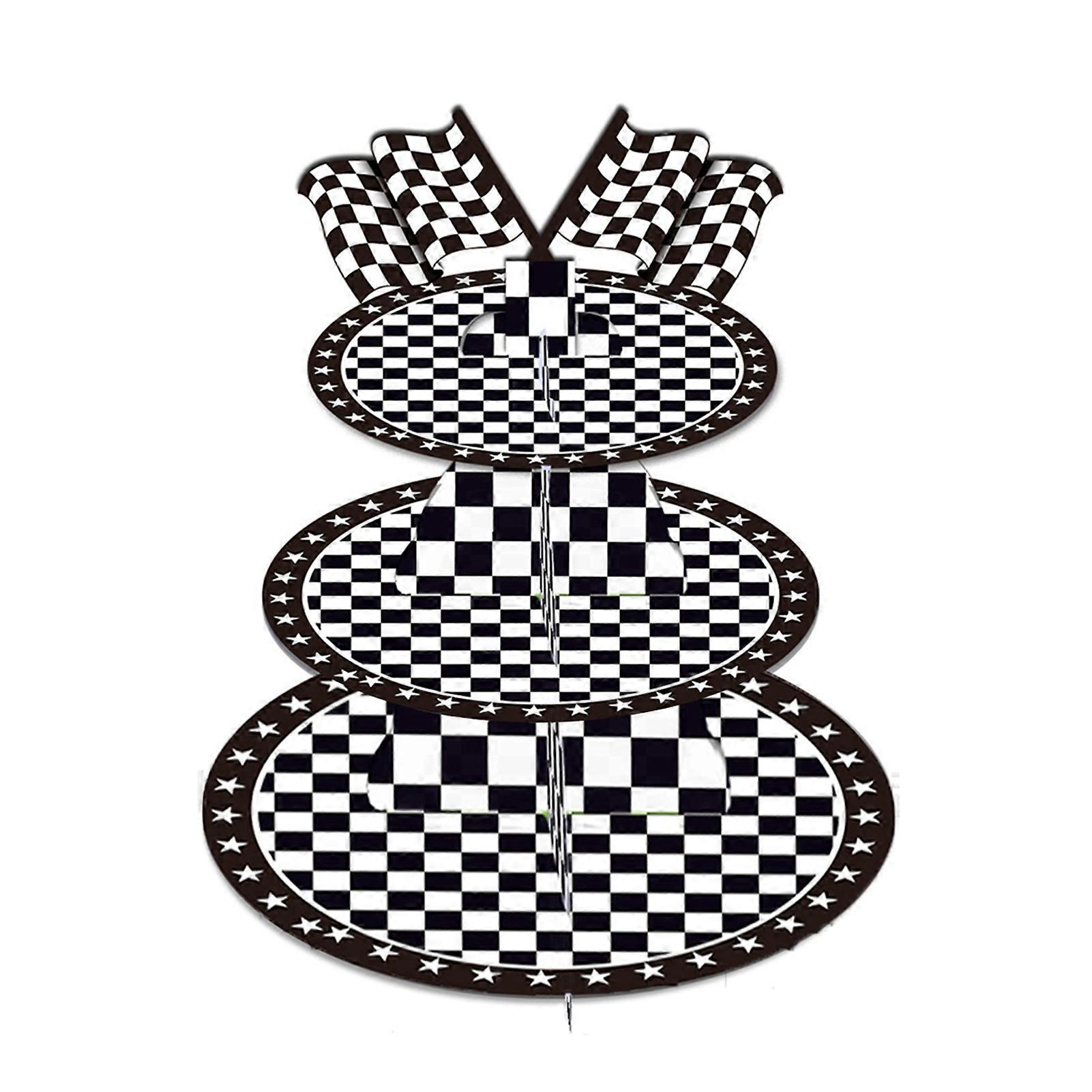 1 Set Cake Stand Black White Checkered Pattern Flag Decor Stable Base Easy Assemble 3-Tier Racing Car Theme Round Cardboard Cupcake Stand Party Decor