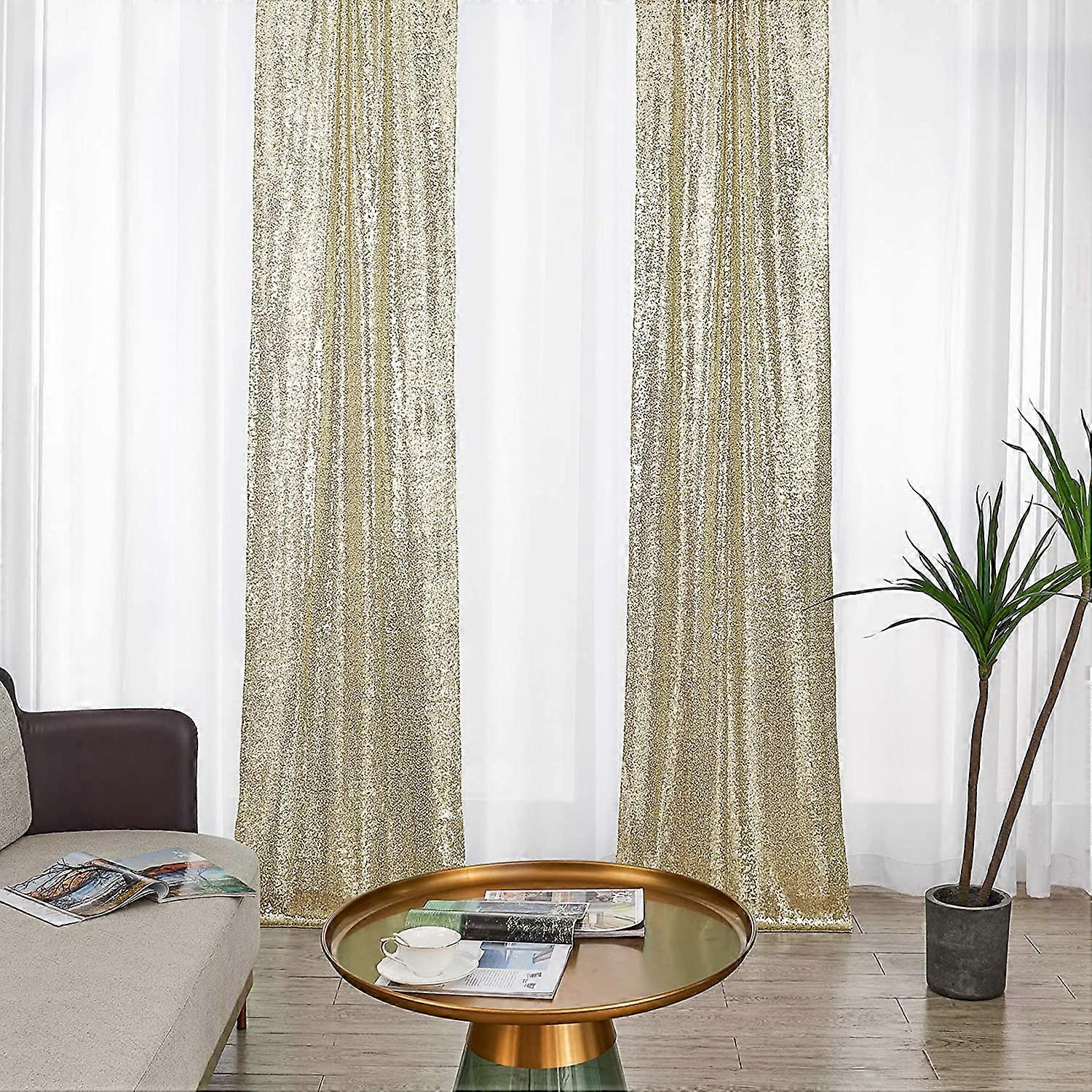 28Ft-2Pcs Champagne Gold Sequin Backdrop Curtains Panels, Photography Backdrop