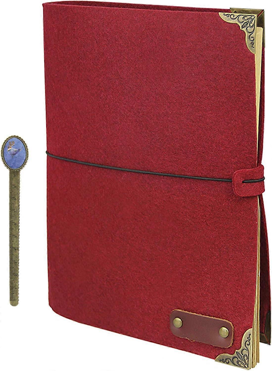 Writing Diary Drawing Book Travel Retro B5 Hard Felt Cover Sketchbook Brown Paper Binder Notebook Lines and Blank Paper with Bookmark Ruler Ruber Bank