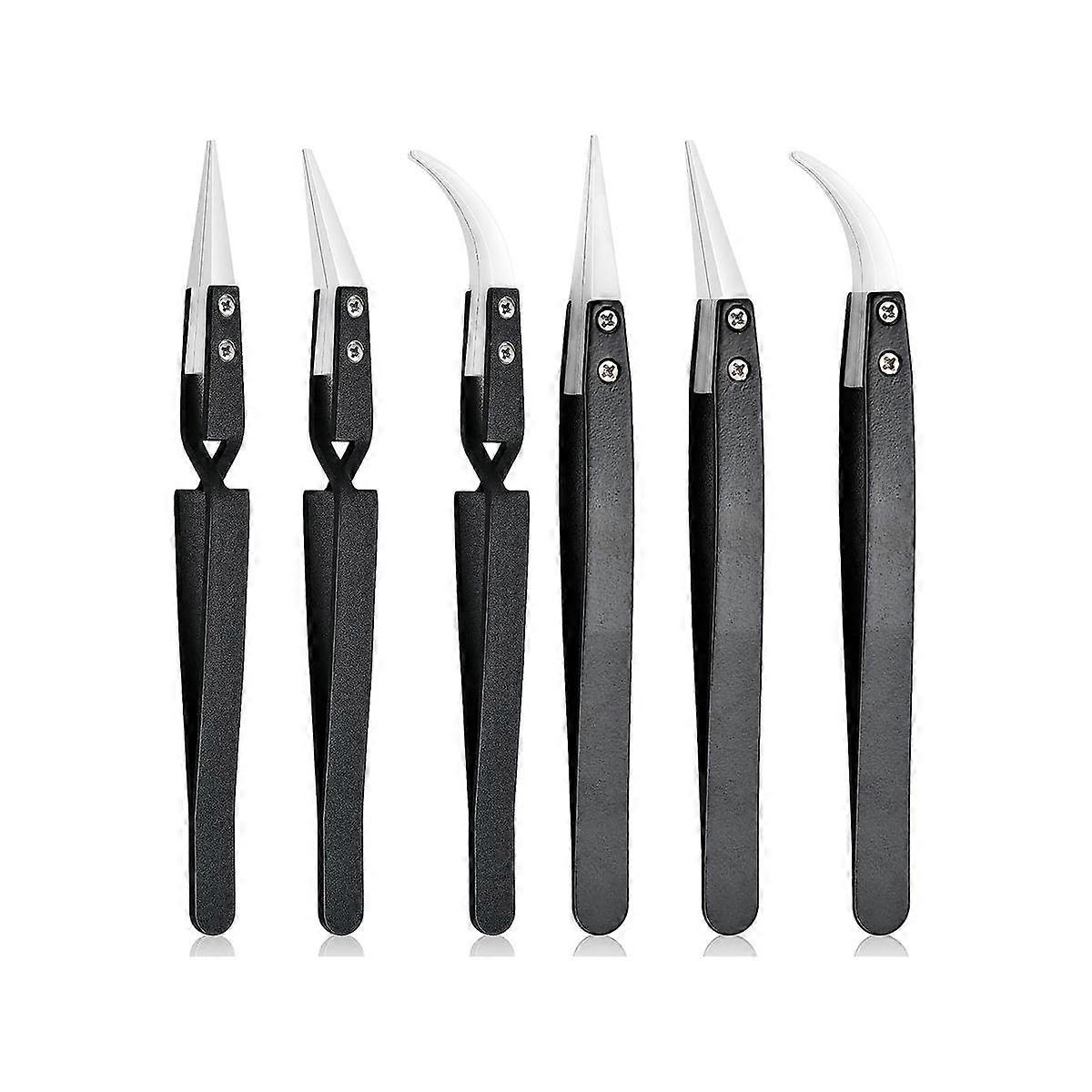 6Pcs Precision Reverse Ceramic Tweezers Set, Resistant Electronics Soldering Tweezers Anti-Magnetic