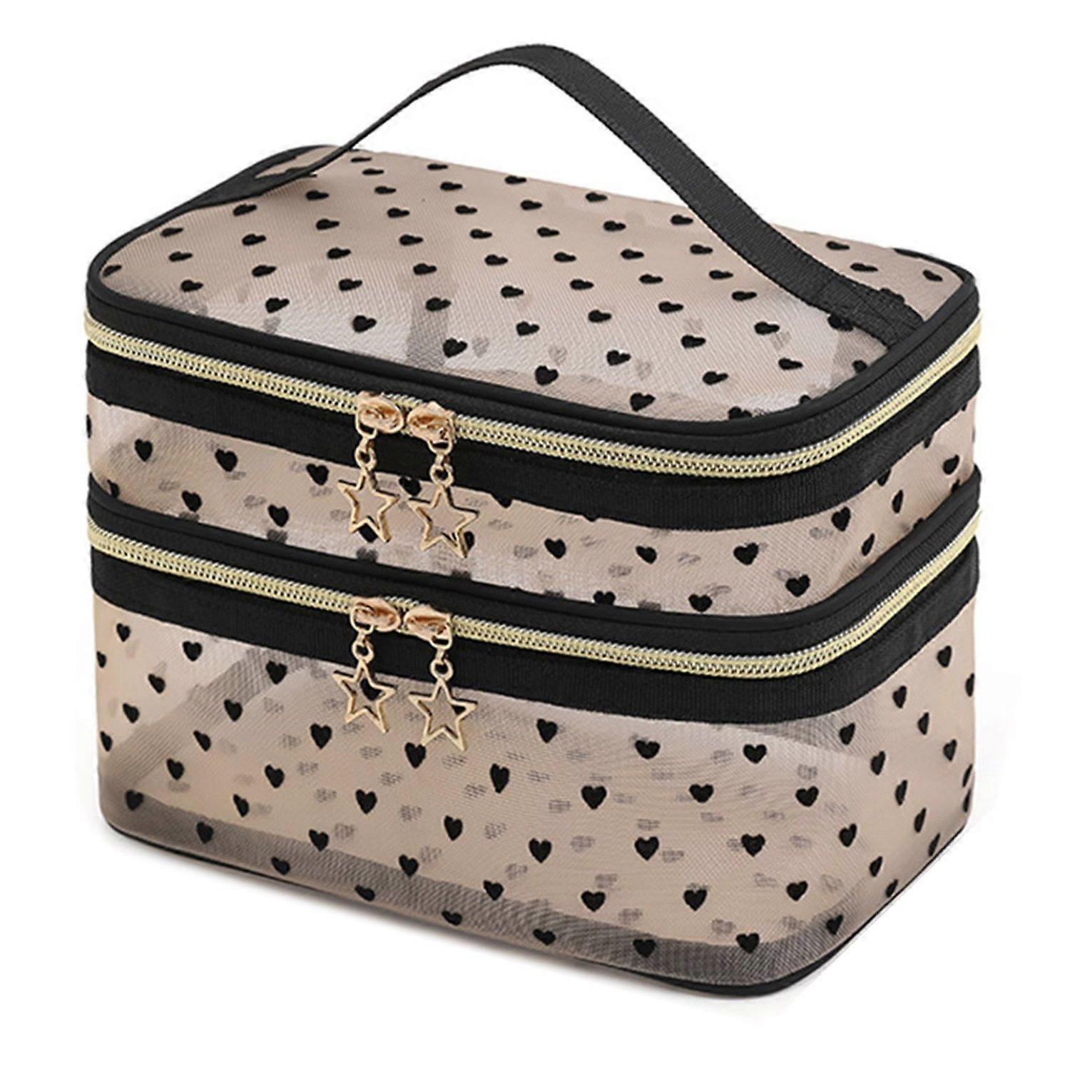 Mesh Makeup Bag Double Layer Transparent Design Easy Access Dual Zipper Closure Multifunctional