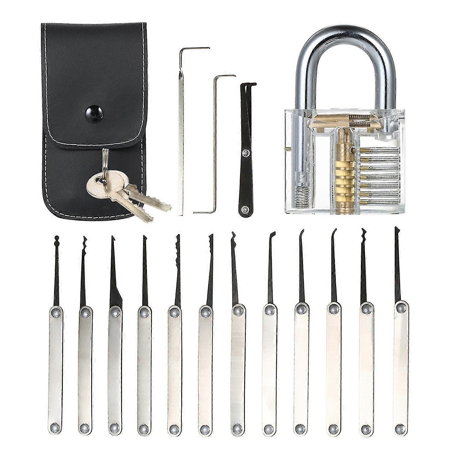15pcs Lock Picking Set Kit Tool With Transparent Practice Training Padlock Lock For Locksmith Beginn