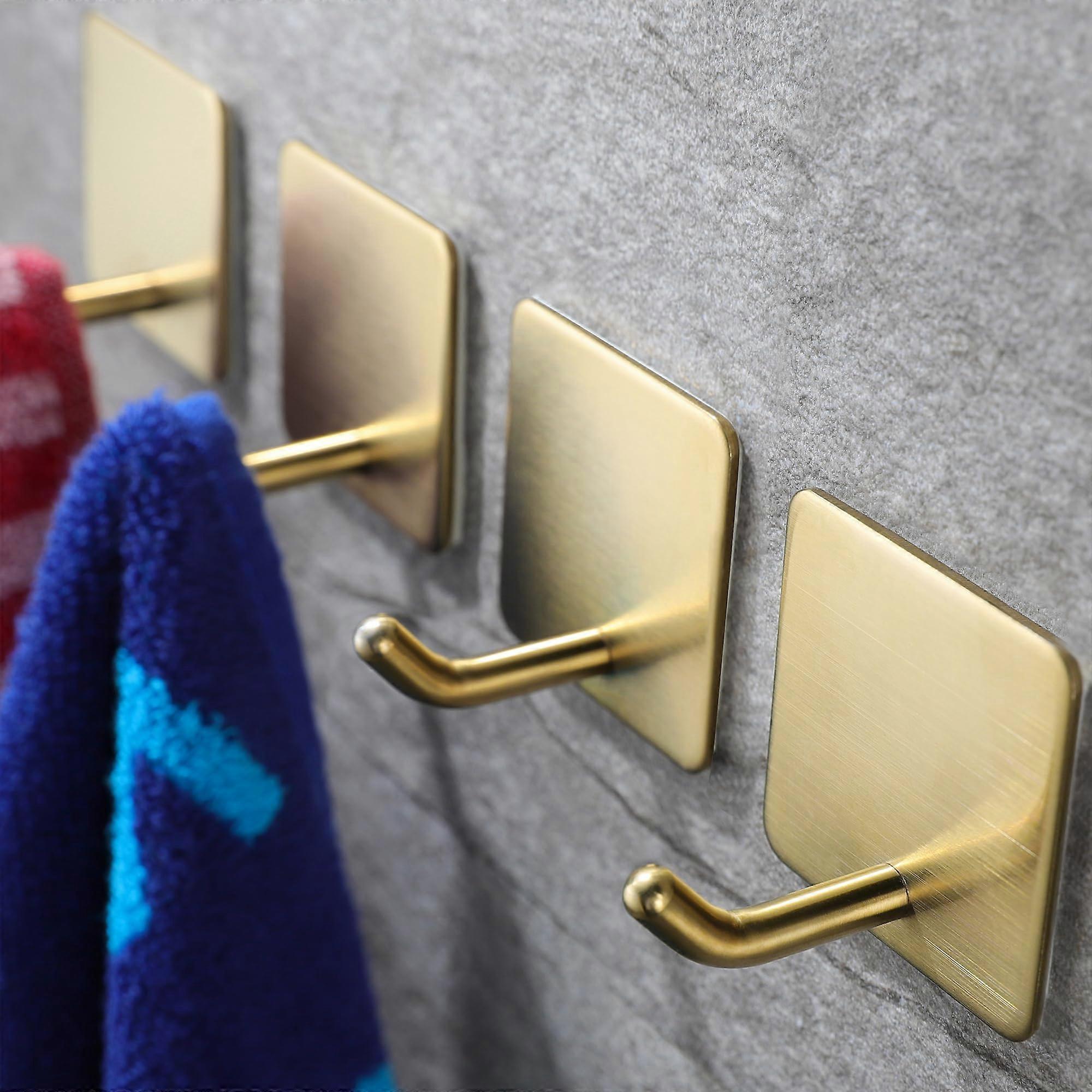 Gold Self Adhesive Towel Hooks 4 Pack for Bathroom and Kitchen, Easy Install, Rust-Resistant, Modern Style, Durable Design