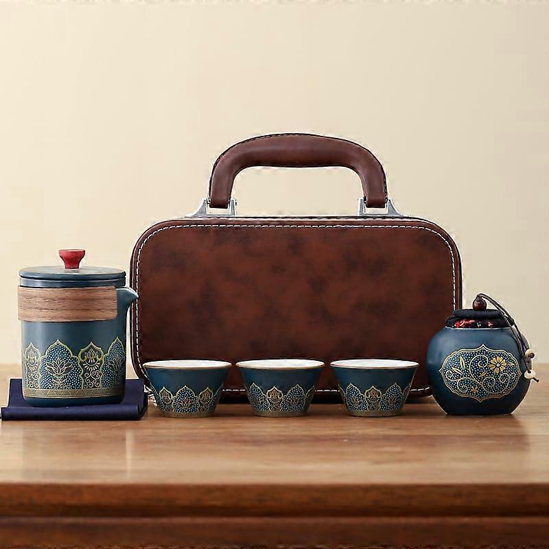 Porcelain Chinese Kung Fu Tea Set, 6 Piece Set with Leather Bag, Teapot, Gift (blue)