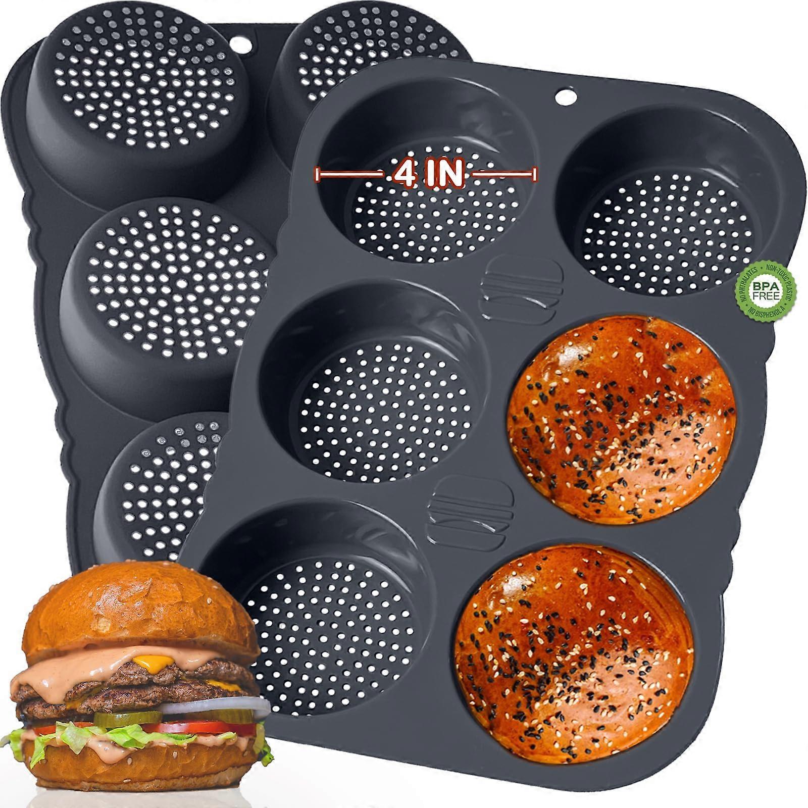 Hamburger Bun Pan 4-Inch Silicone Hamburger Bun Mold, 6-Cup Baking Pan For Homemade Hamburger Buns, Dishwasher Safe