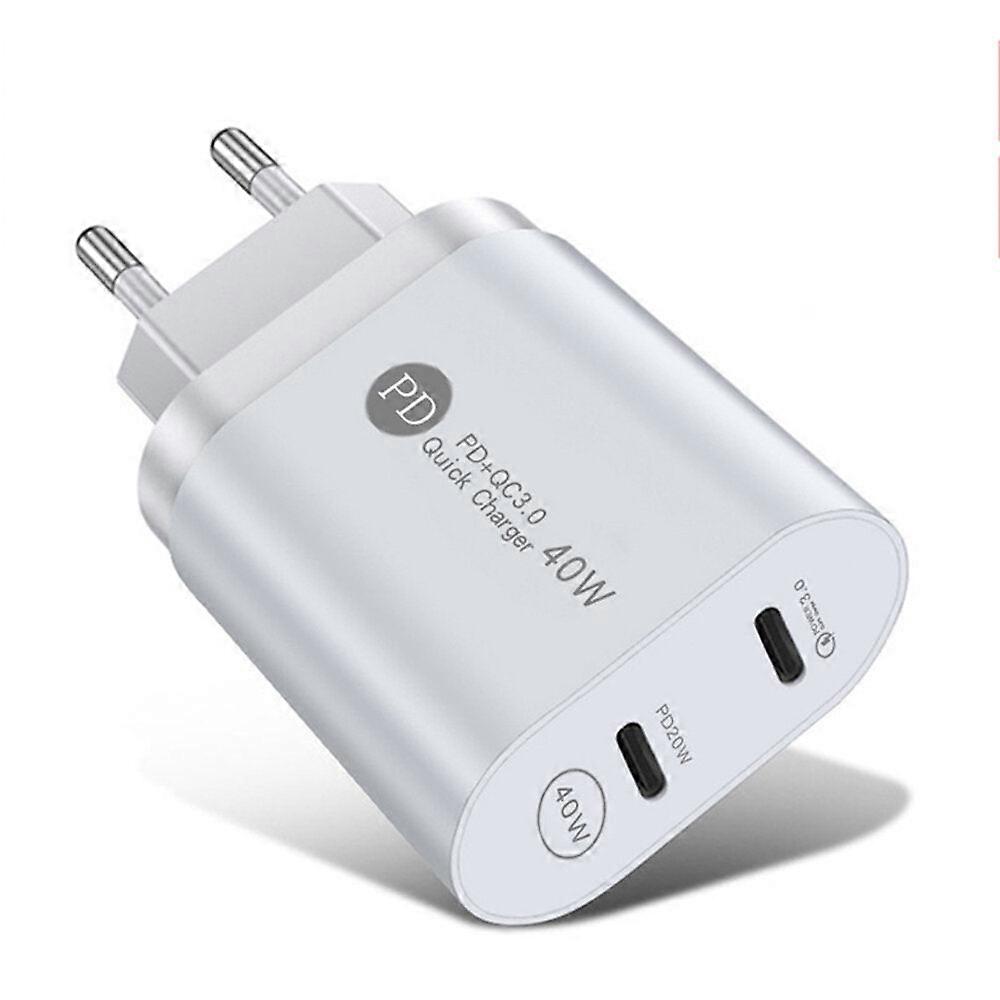 Pd40w 2-port Usb Pd Charger - White/black, Eu Plug, Fire Retardant, Compact Design, Fast Charging, 40w Total Power