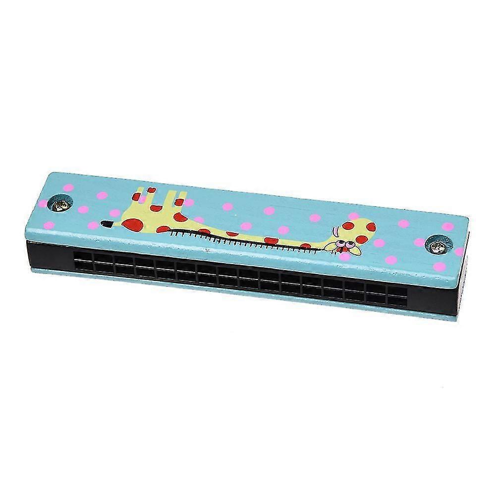 Wooden giraffe pattern dual series 32 hole harmonica child blue