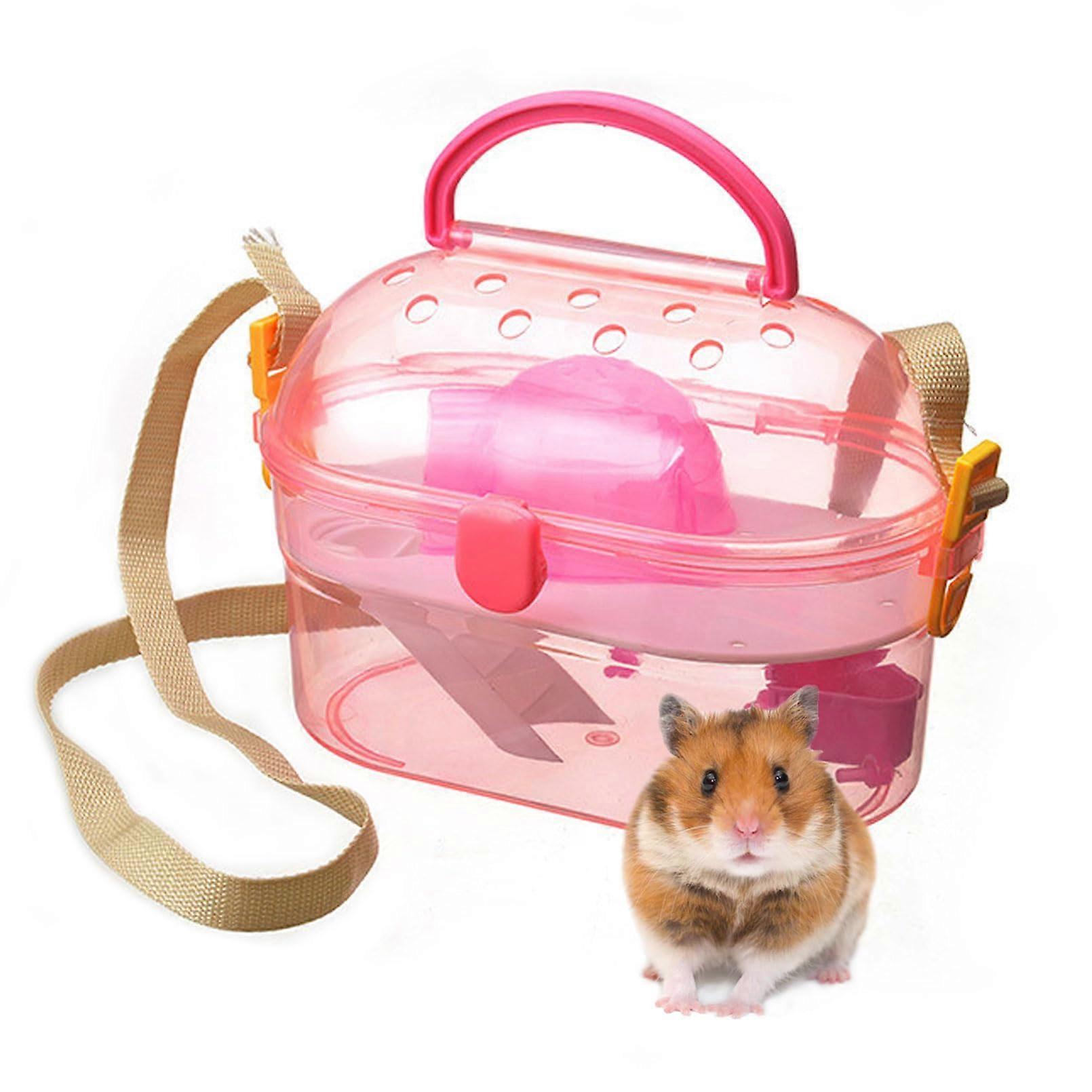 Portable Hamster Cage For Dwarf And Syrian Hamsters, Travel Carrier With House, Food Bowl, Adjustable Strap, Pink