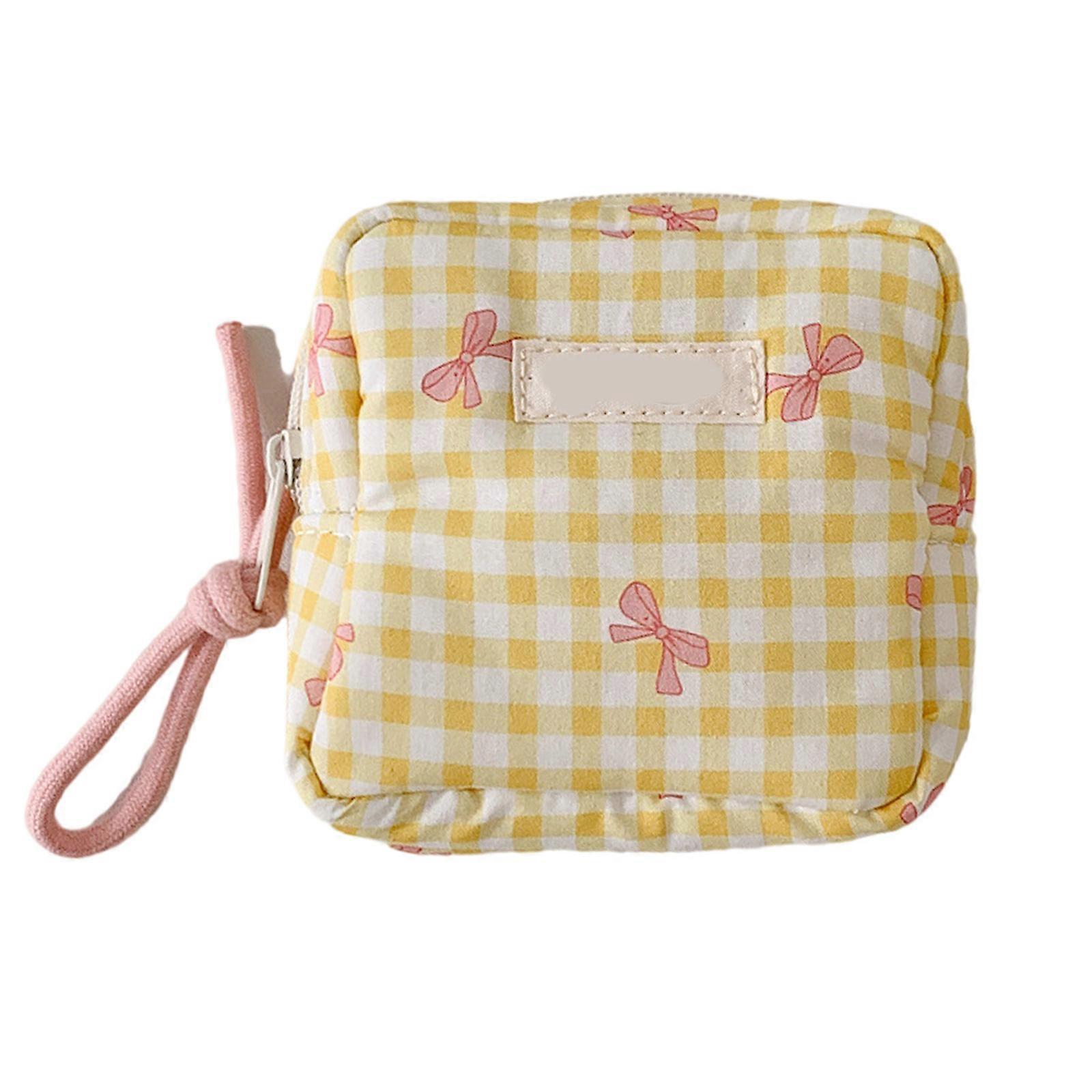 Modern Square Pattern Cosmetic Bag Durable Fabric Makeup Organizers Compact Travel Friendly Storage Solution  Yellow