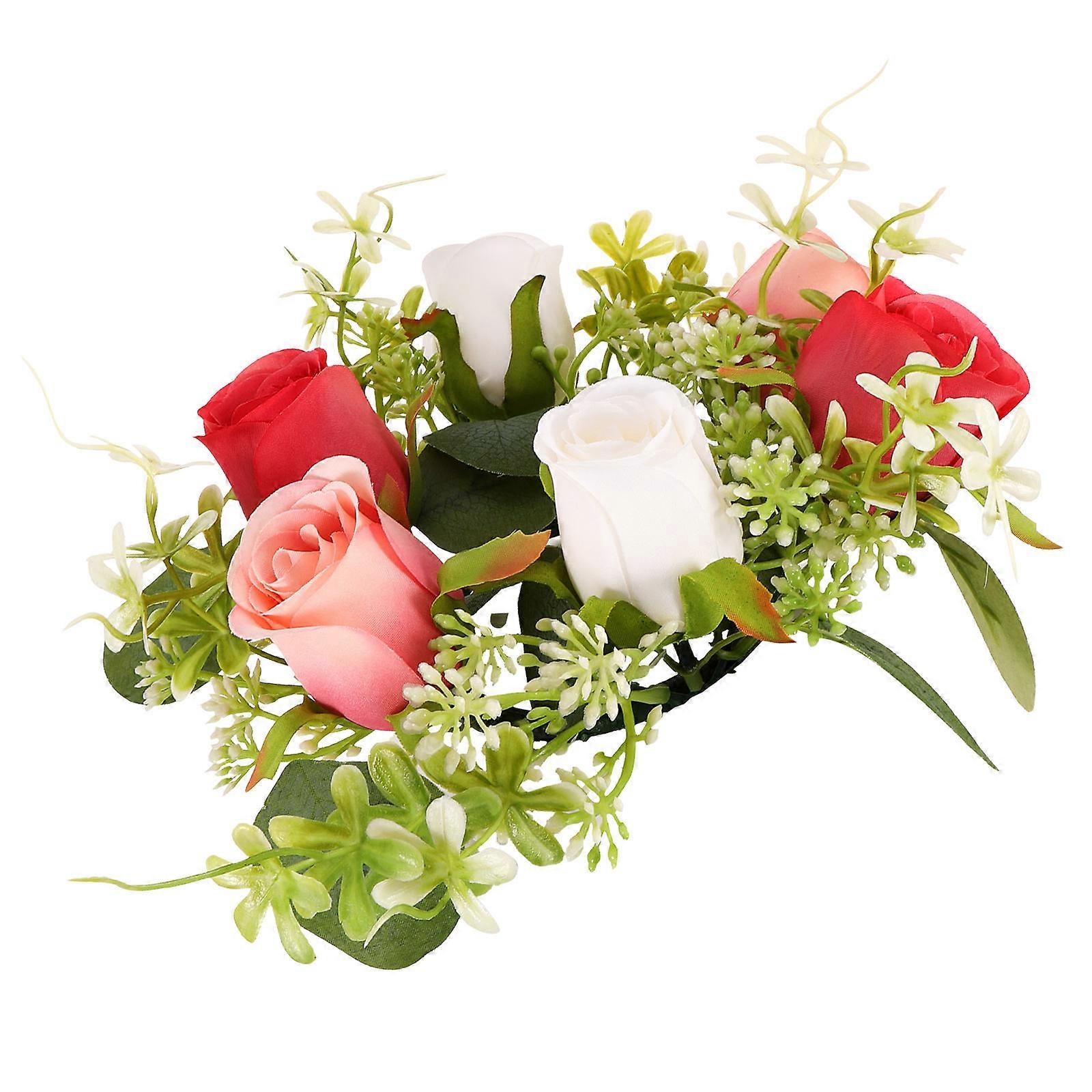 Garlands Wedding Table Centerpiece Candle Ring Wreath Valentine's Day Festivals Rose Red Artificial Flower Decorative 1Pack