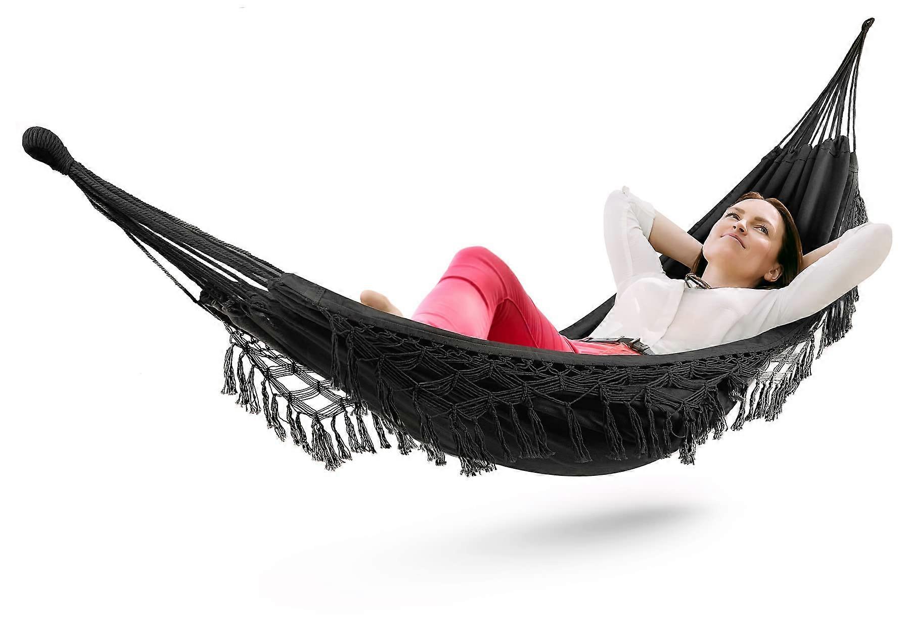 Brazilian Premium Hammock Bari with Fringes in Boho Look Hanging Lounger for Two People 200 x 150 cm (Black)
