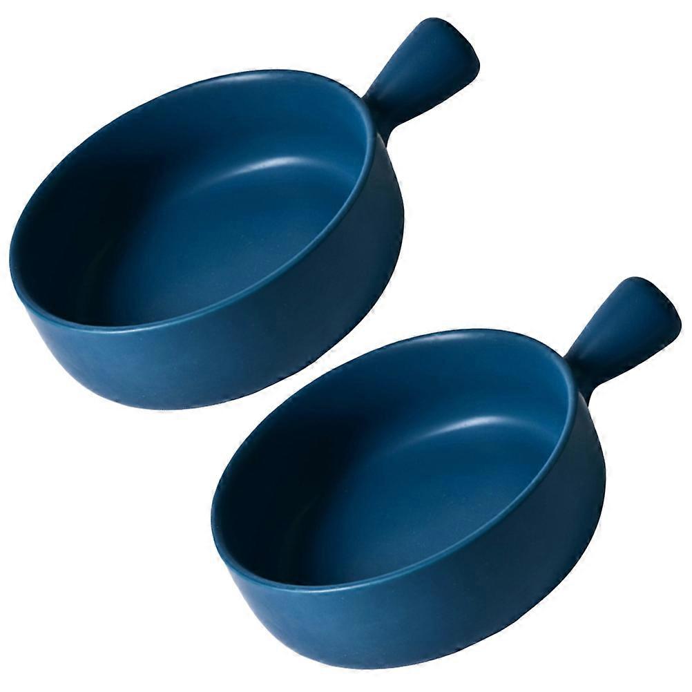 Round Ceramics Baking Plate Blue for Baking Use 2Pcs with Handle for Kitchen