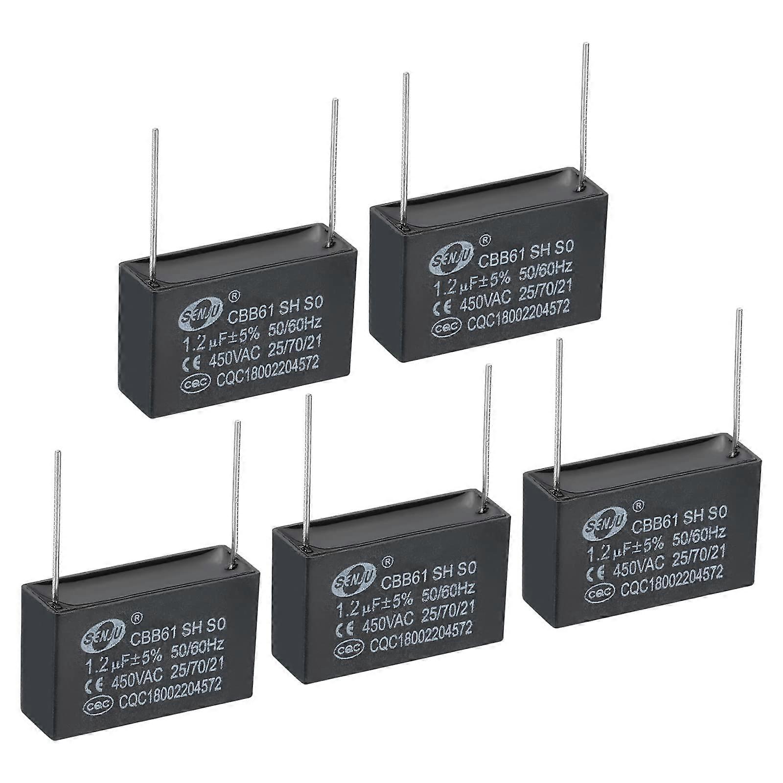 CBB61 Ceiling Fan Capacitor 1.2uF 450V AC 50/60Hz with 2 Pins 36 x 12 x 22 mm for Air Conditioning Fan Motor Star Running Capacitors Pack of 5