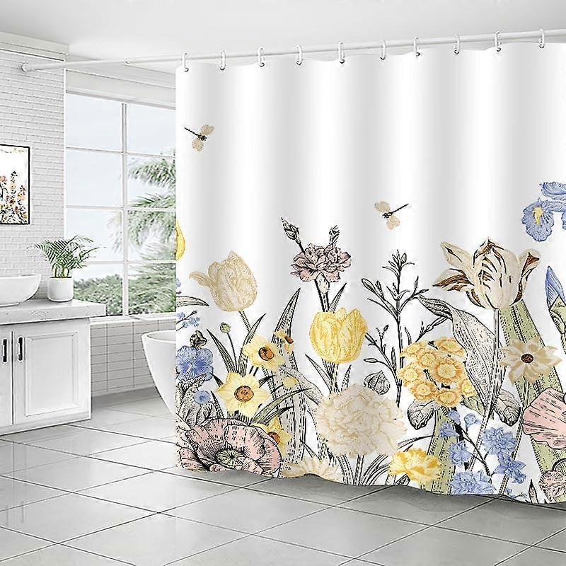 Shower Curtain Polyester 150x180 CM Machine Washable Quick-Dry Water-Repellent Weighted Hem Dragonfly Flower Pattern