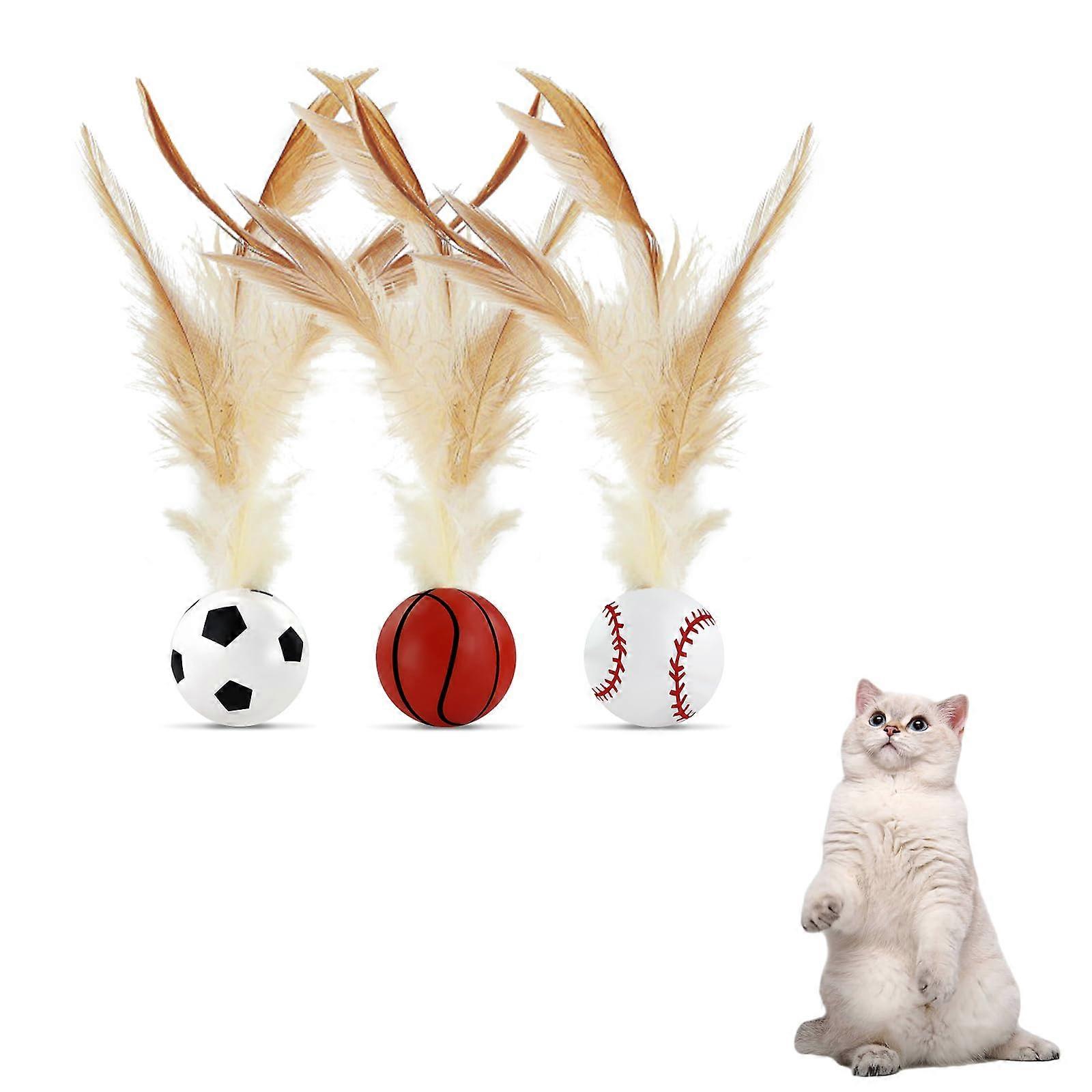 3PCS Bouncy Ball Cat Toy Set with Feathers, Interactive Indoor Play for Cats, Elastic Colorful Balls, Size M