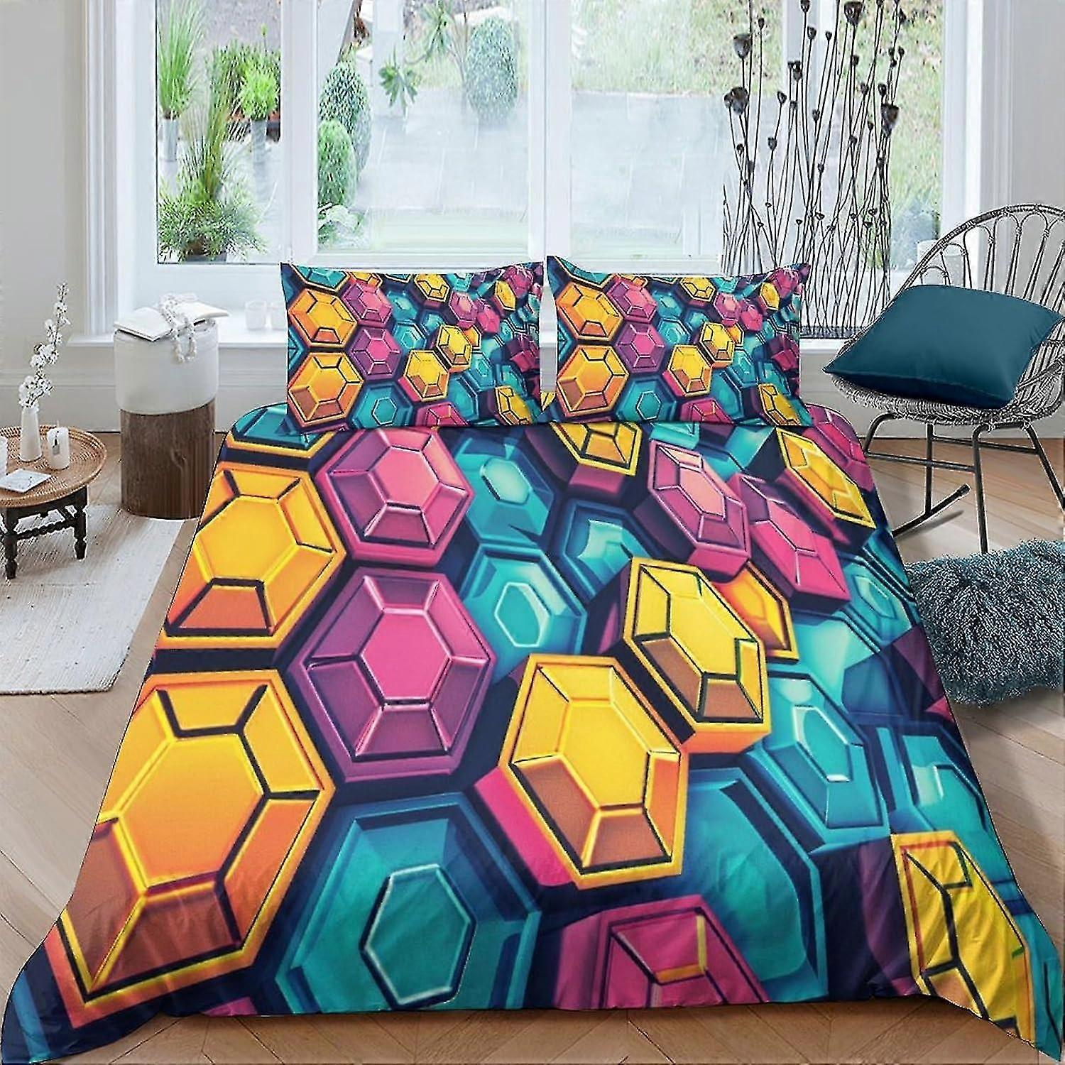 3D Printed Honeycomb Neon Duvet Cover Set with Pillow Cases for Kids Soft Microfiber with Zipper Closure