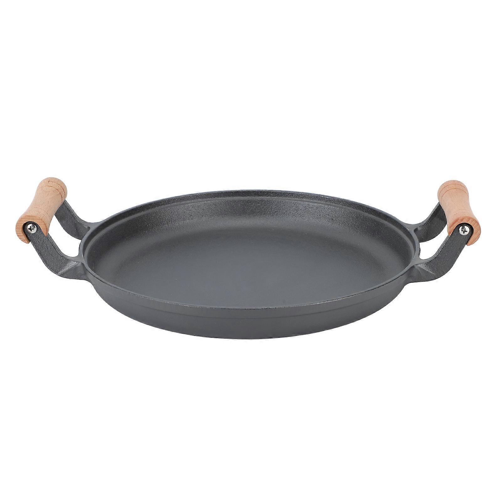 BBQ Grill Pan with Dual Wooden Handles Round Cast Iron Steak Frying Meat Roasting Skillets for Barbecue Gatherings