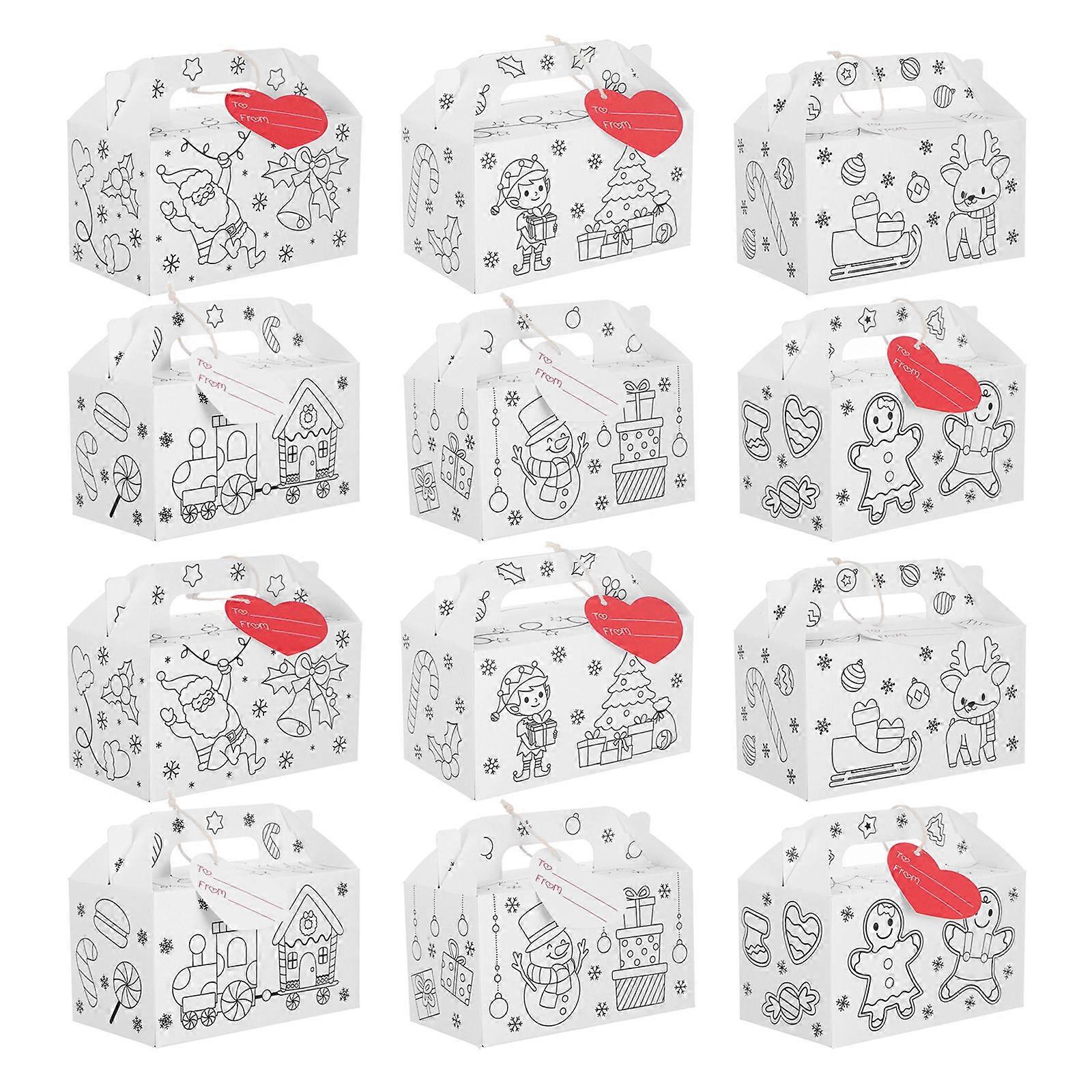12pcs Christmas DIY Coloring Treat Boxes Gingerbread Design, Easy Assemble Cardboard Goody Boxes for Holiday Parties, Classroom Activities