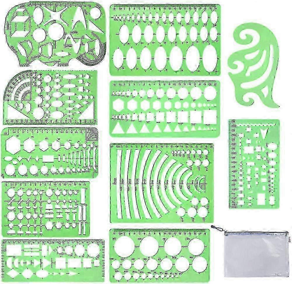 11-Piece Geometric Drawing Template Set - Clear Green Plastic Stencils & Rulers for Engineering, Drafting, and Building Designs