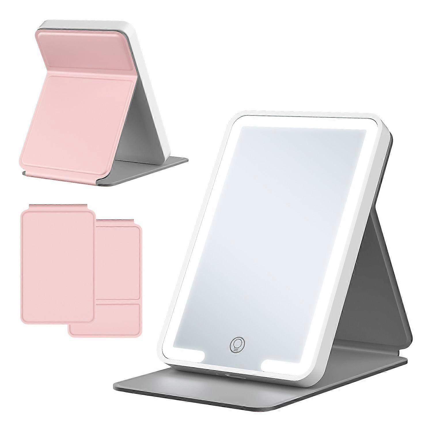 Travel Makeup Mirror with Light, Portable LED Lighted Make Up Mirror with Stand, Folding Light Up Cosmetic Vanity Mirror for Desk, Dimmable Touch Scre