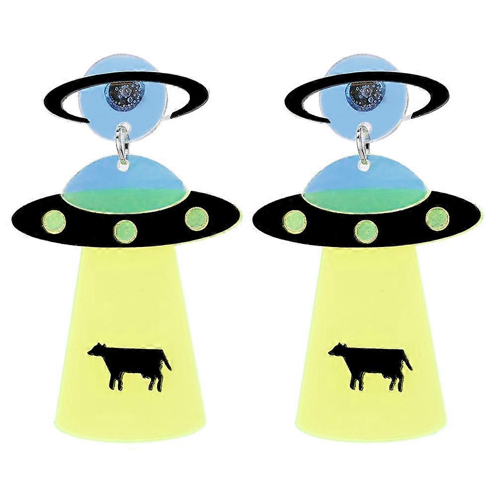 女性用グリーン宇宙船ダングラーイヤリングアクリル誇張耳滴2個