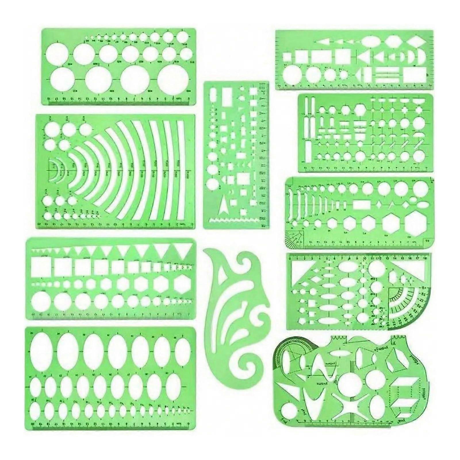 Geometric stencils, geometric drawing templates, precise measuring templates for drawings, engineering, drafting, buildings, 11 pieces