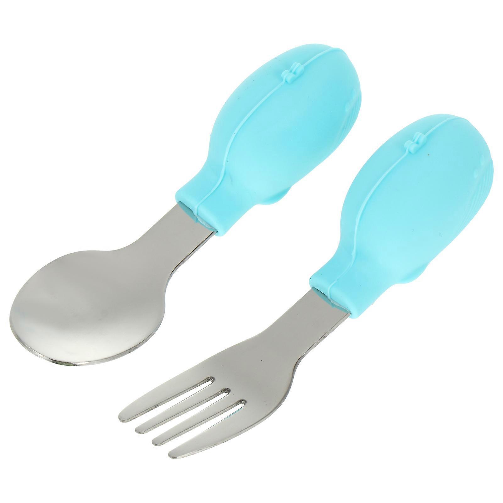 Toddler Metal Utensils Kids Tableware Blue Color Contoured Handle Easy to Clean 2Pcs