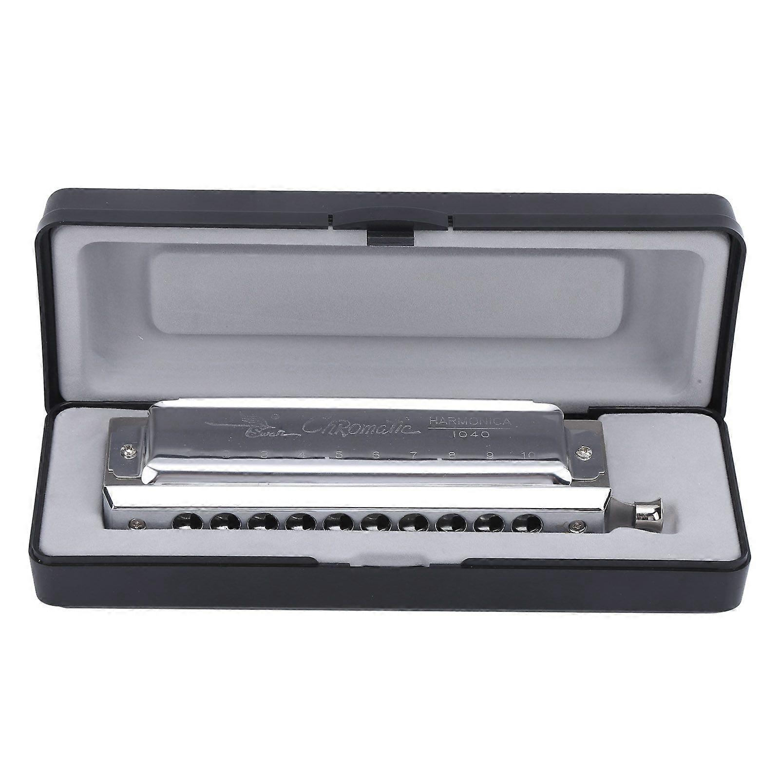 Chromatic Harmonica 10 Hole 40 Tone 2Sided Polyphonic Playing Mouth Organ Silver