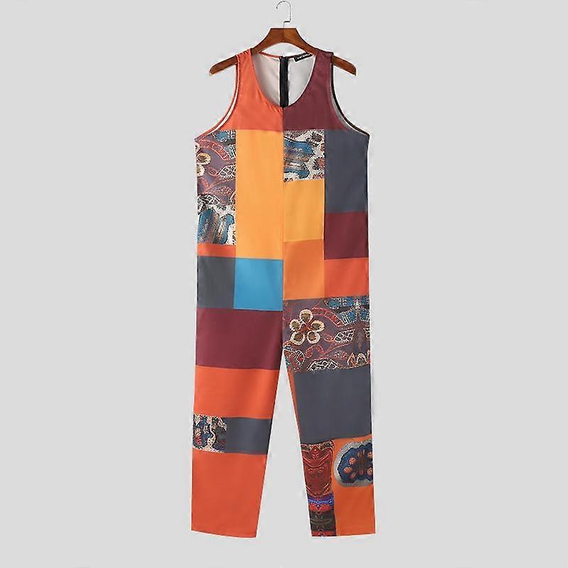INCERUN Vintage Men Round Neck Floral Printed Patchwork Jumpsuit Long Pants Rompers