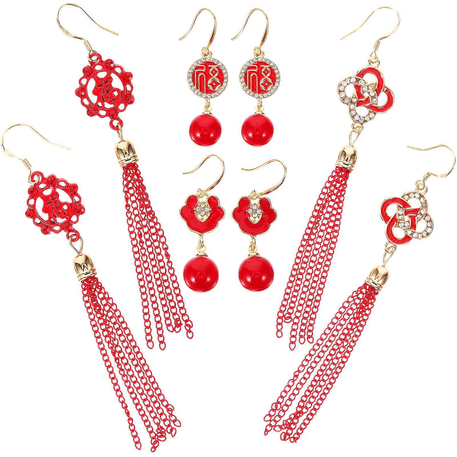 4 Pairs Chinese Style Tassel Drop Earrings for Women – Long Dangle Red Jewelry with Knots for Festivals, Holidays, and Yearly Parties