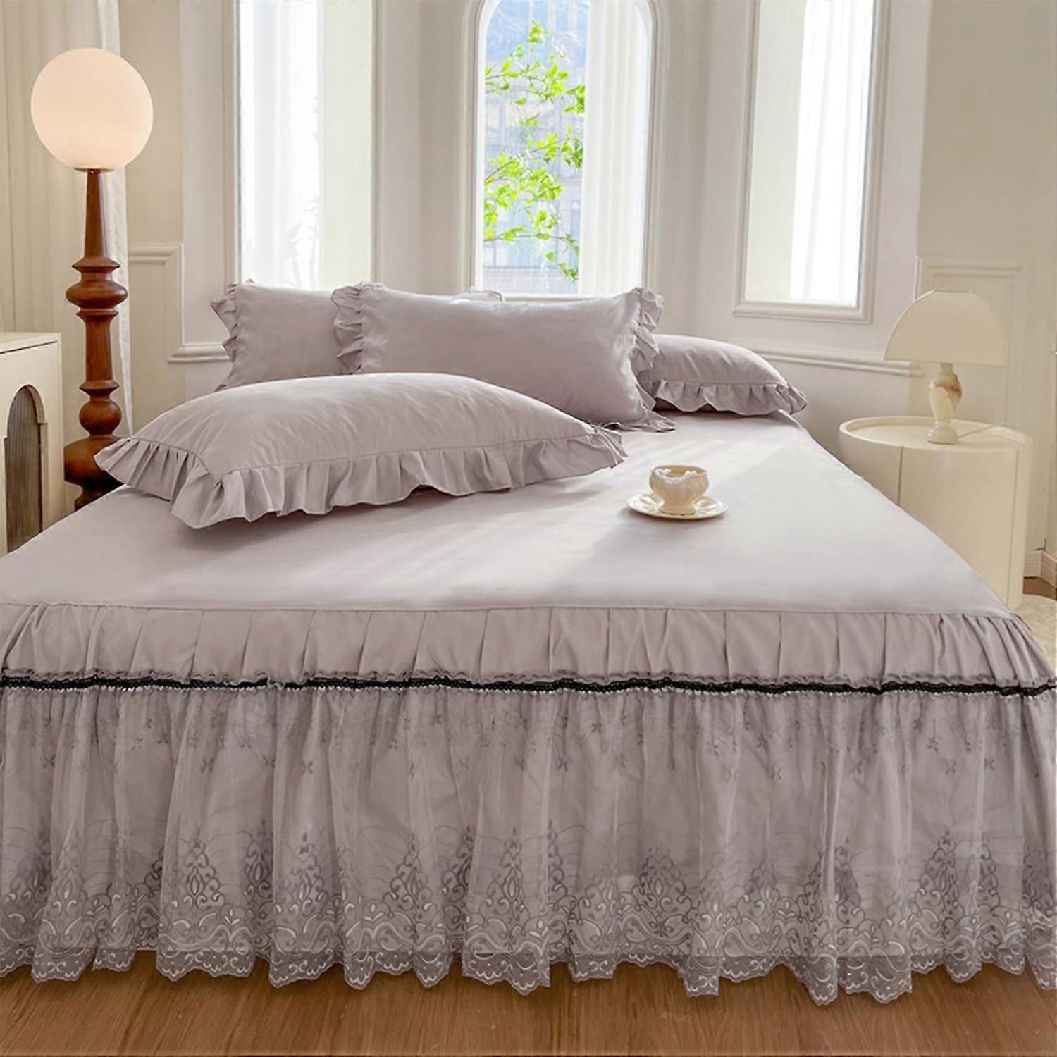 Bed Skirt 3-Piece Set Grey Includes Cushion Cover, Fitted Sheet, Mattress Protector, King/Queen Duvet, Pillowcases 2