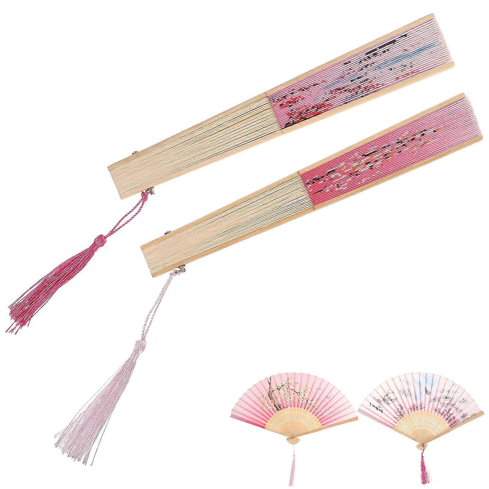 Vintage Chinese Style Bamboo Folding Hand Fan Set of 2 Classic Antique Design Lightweight Handheld Fans for Dancing, Photography Props, Summer Travel